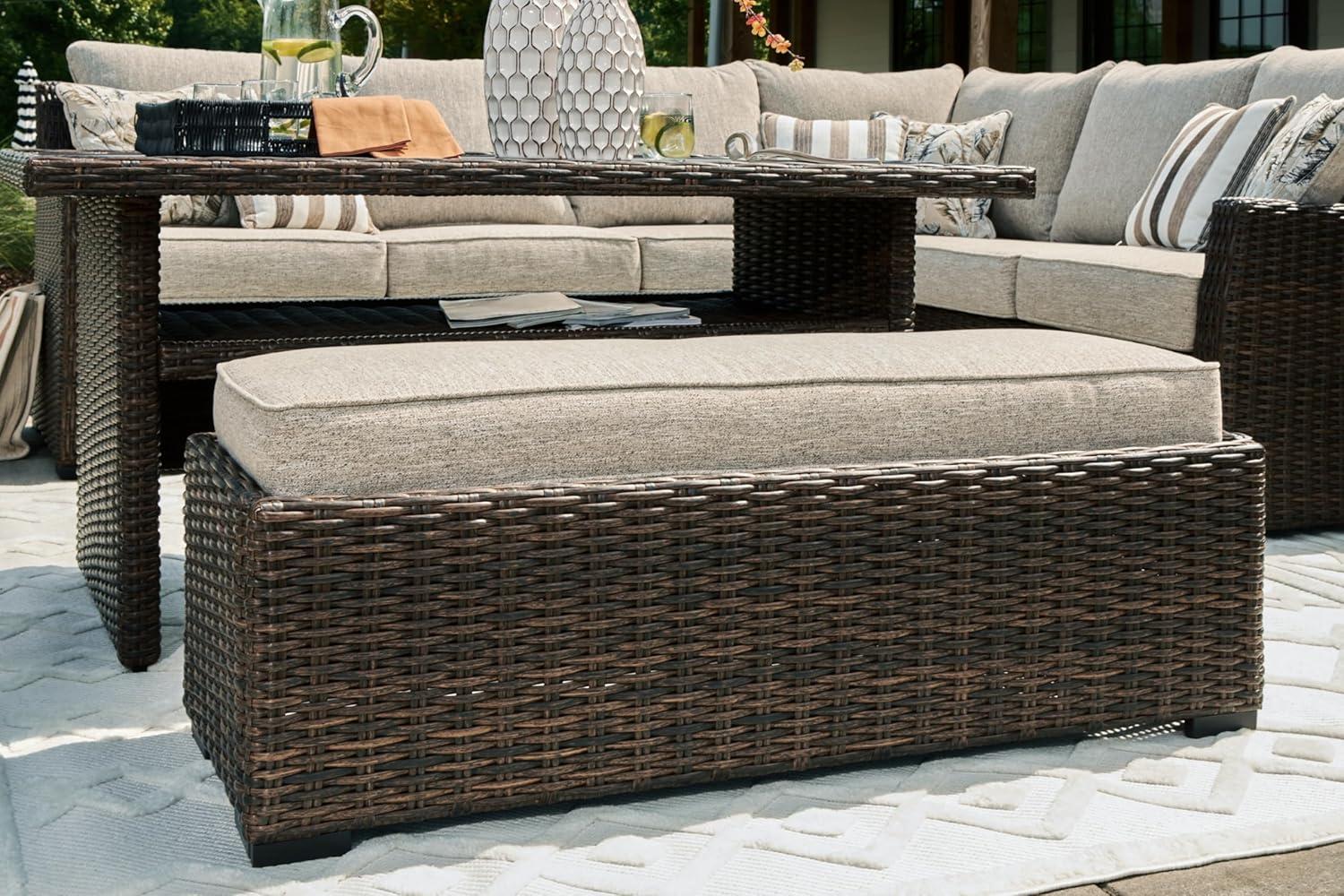imageSignature Design by Ashley Brook Ranch Casual Nuvella Weather Resistant Fabric Right Hand Facing Outdoor Sofa SectionalBench with Cushion and 6 Throw Pillows Set of 3 Beige ampamp Dark Brown
