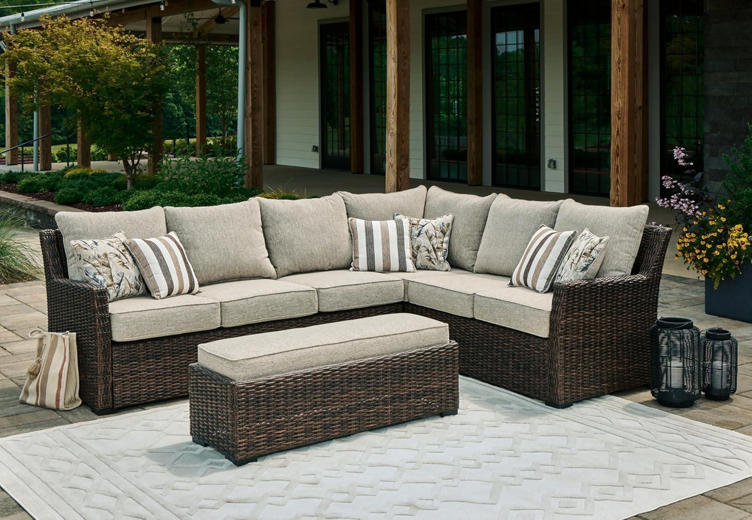 imageSignature Design by Ashley Brook Ranch Casual Nuvella Weather Resistant Fabric Right Hand Facing Outdoor Sofa SectionalBench with Cushion and 6 Throw Pillows Set of 3 Beige ampamp Dark Brown
