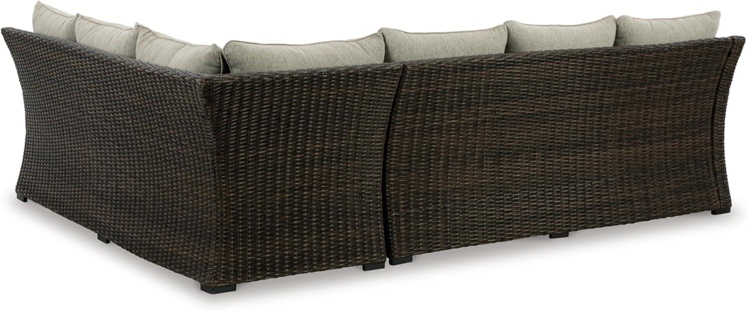 imageSignature Design by Ashley Brook Ranch Casual Nuvella Weather Resistant Fabric Right Hand Facing Outdoor Sofa SectionalBench with Cushion and 6 Throw Pillows Set of 3 Beige ampamp Dark Brown