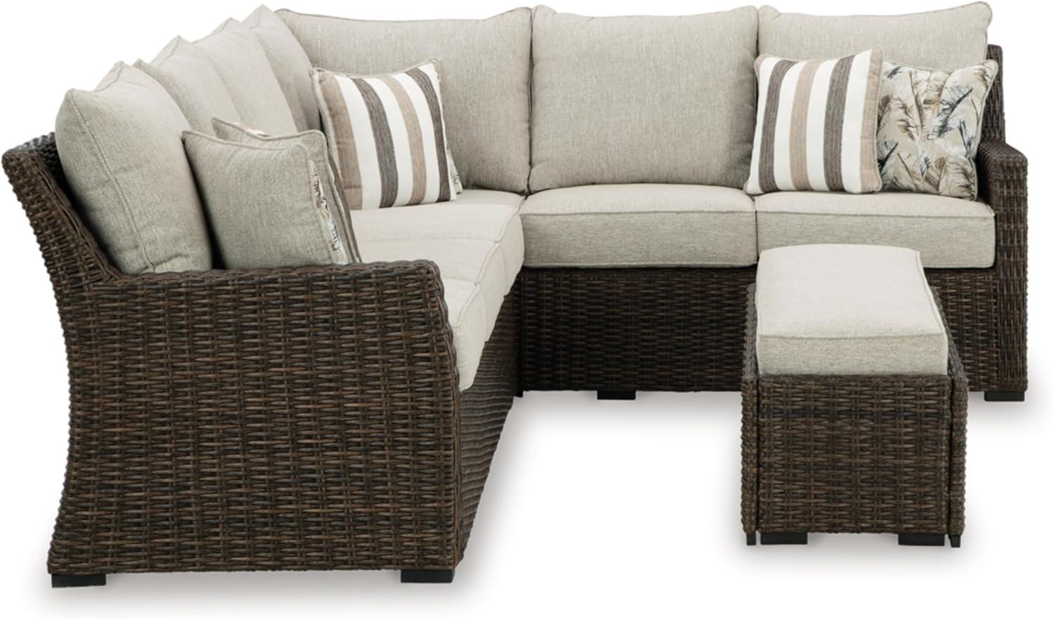 imageSignature Design by Ashley Brook Ranch Casual Nuvella Weather Resistant Fabric Right Hand Facing Outdoor Sofa SectionalBench with Cushion and 6 Throw Pillows Set of 3 Beige ampamp Dark Brown