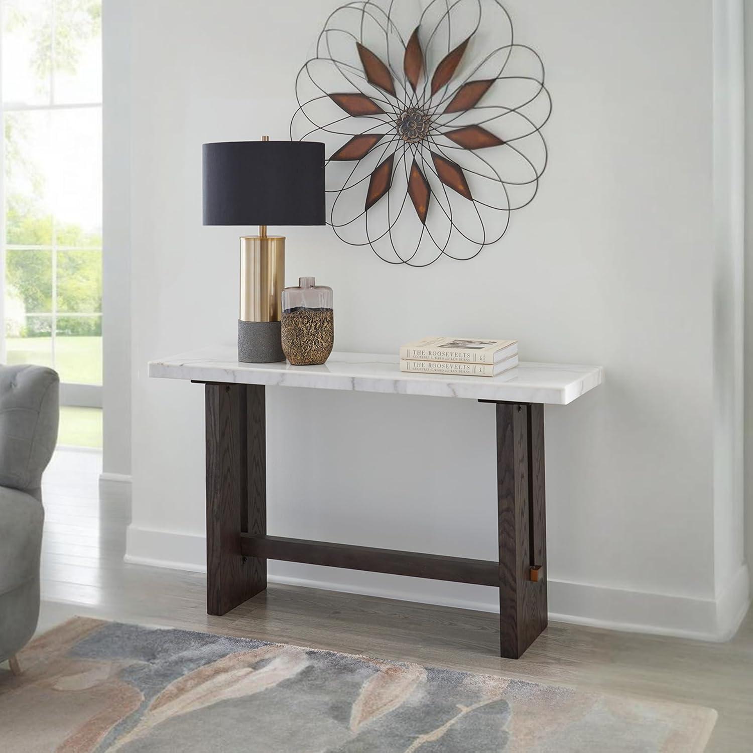 imageSignature Design by Ashley Burkhaus Traditional Rectangular Sofa Table with Marble Tabletop Dark Brown ampamp White