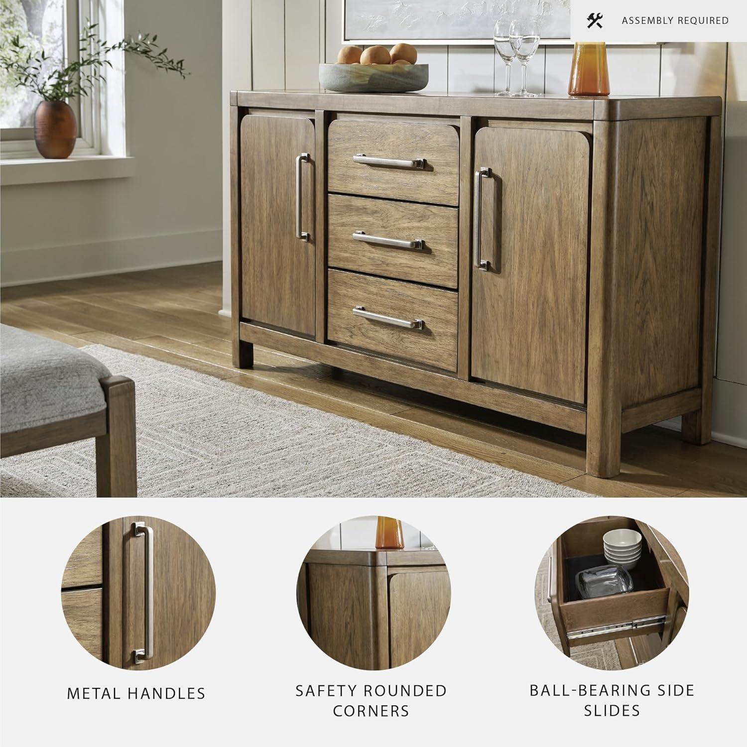 imageSignature Design by Ashley Cabalynn Farmhouse Glazed 2Door Dining Server with Adjustable Shelves and 3 Drawers Light Brown