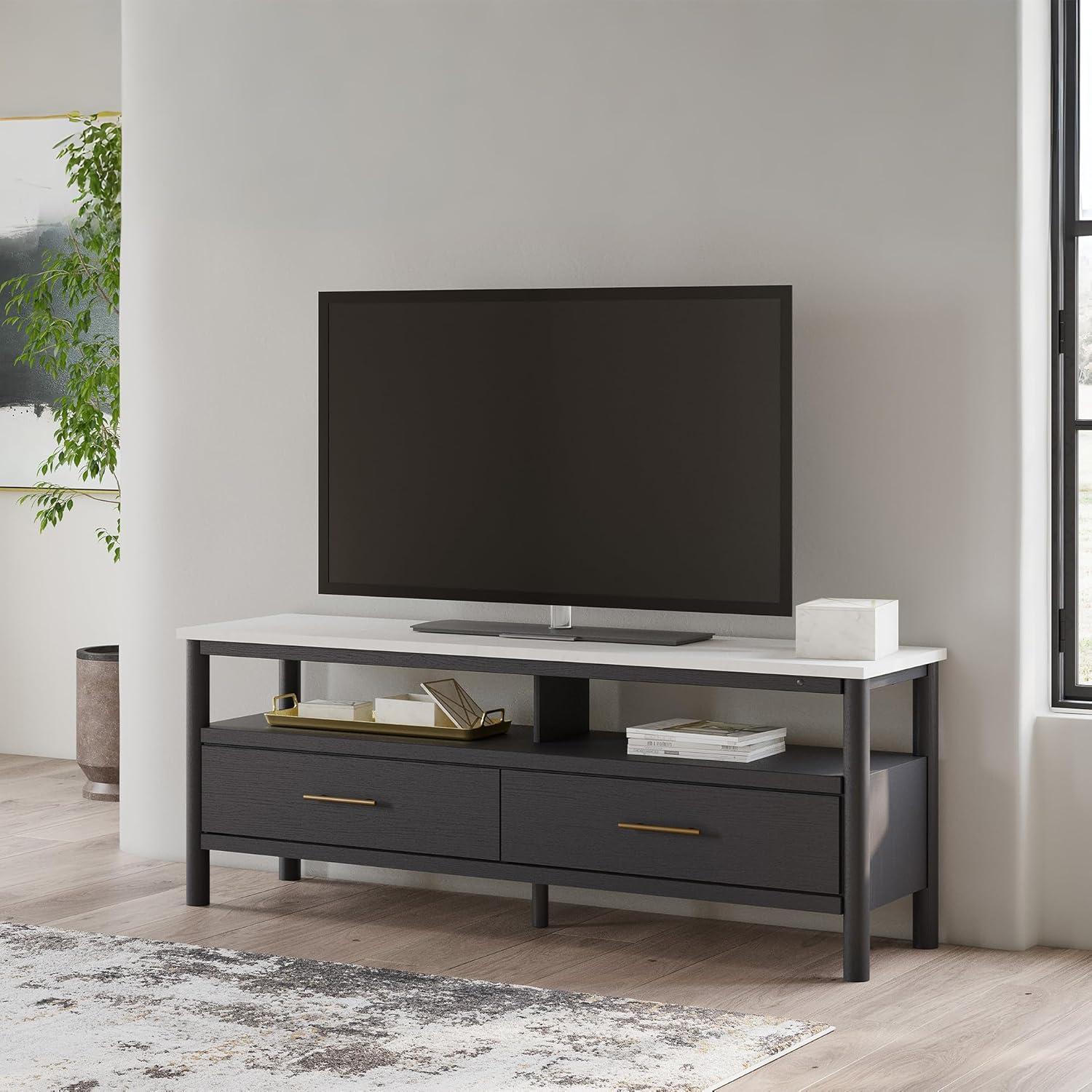 imageSignature Design by Ashley Cadmori Traditional 72quot TV Stand for TVs up to 82quot with Ambient Lighting Open Shelf and Drawers Black ampamp WhiteBlack White