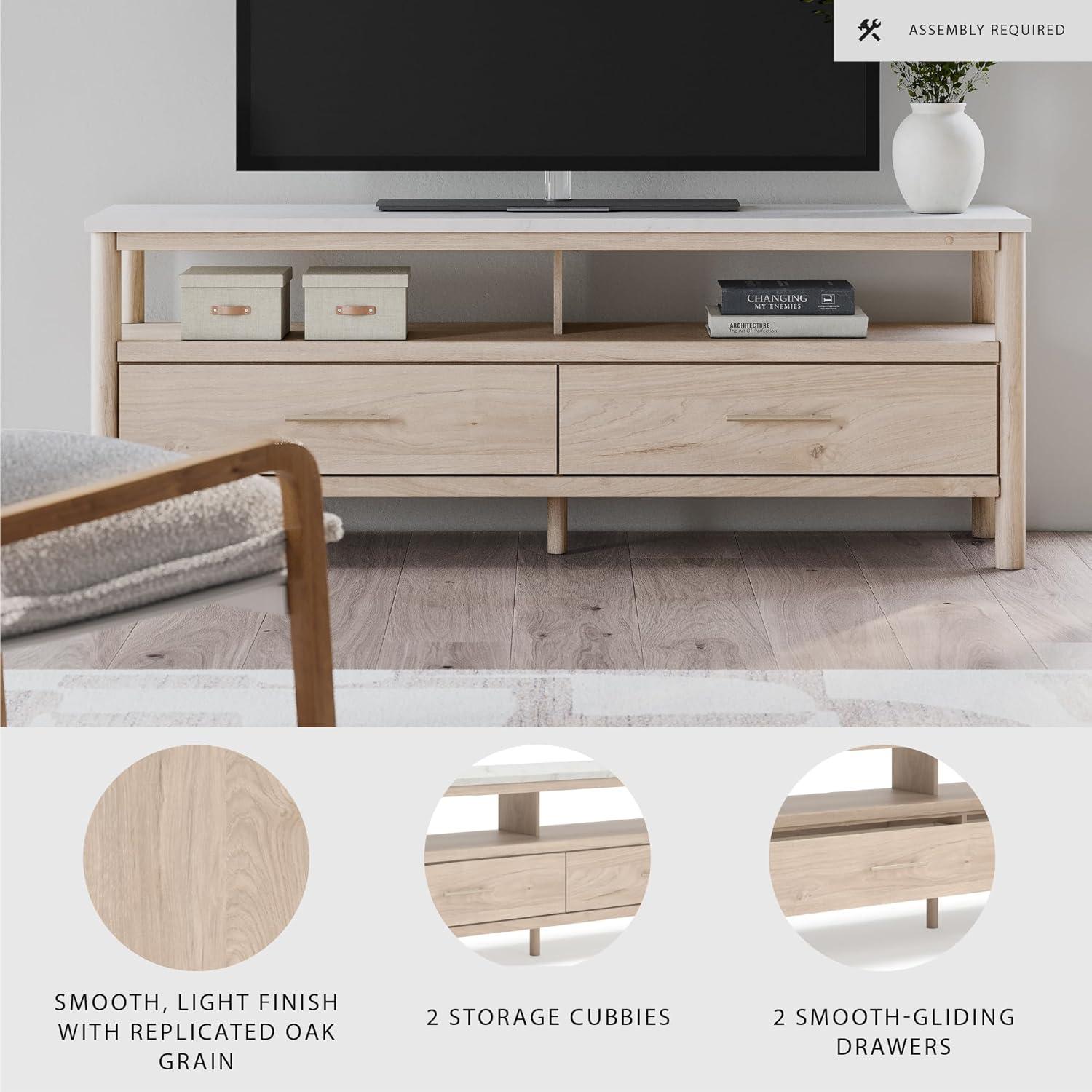 imageSignature Design by Ashley Cadmori Traditional 72quot TV Stand for TVs up to 82quot with Ambient Lighting Open Shelf and Drawers Black ampamp WhiteLight Brown White