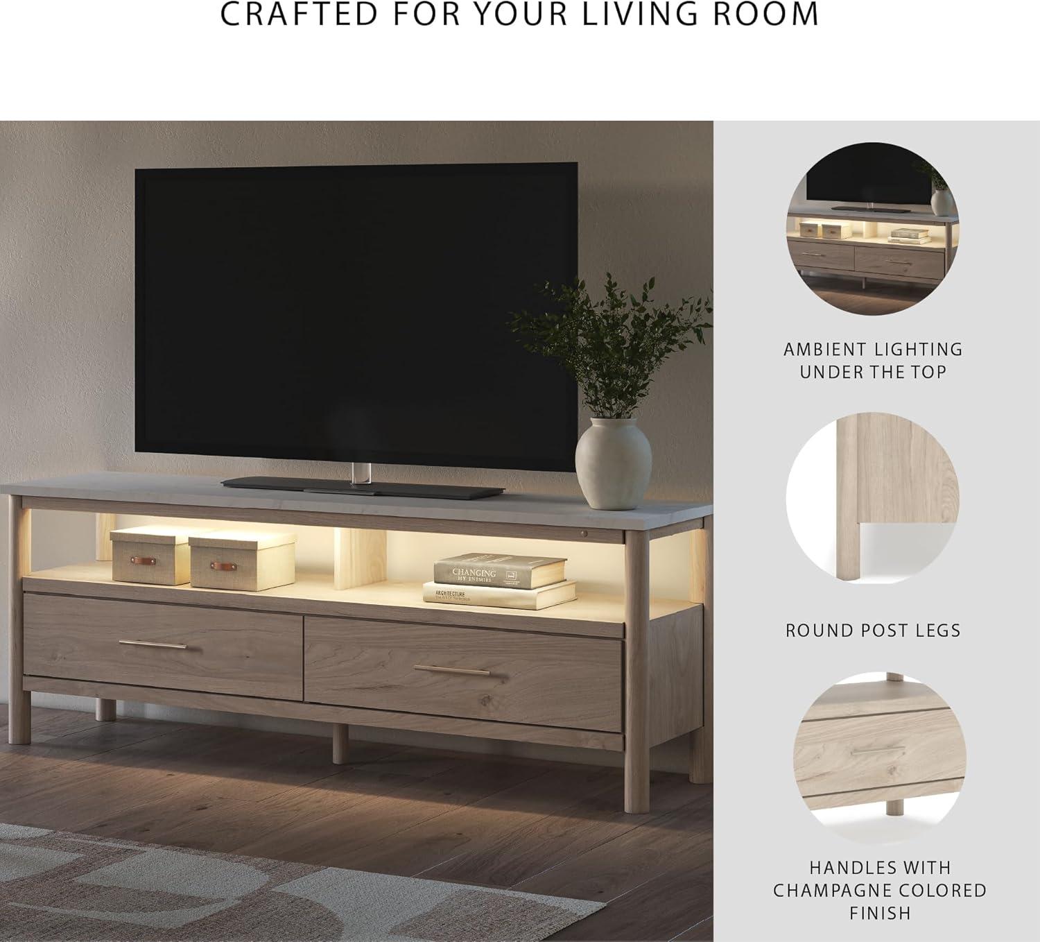 imageSignature Design by Ashley Cadmori Traditional 72quot TV Stand for TVs up to 82quot with Ambient Lighting Open Shelf and Drawers Black ampamp WhiteLight Brown White