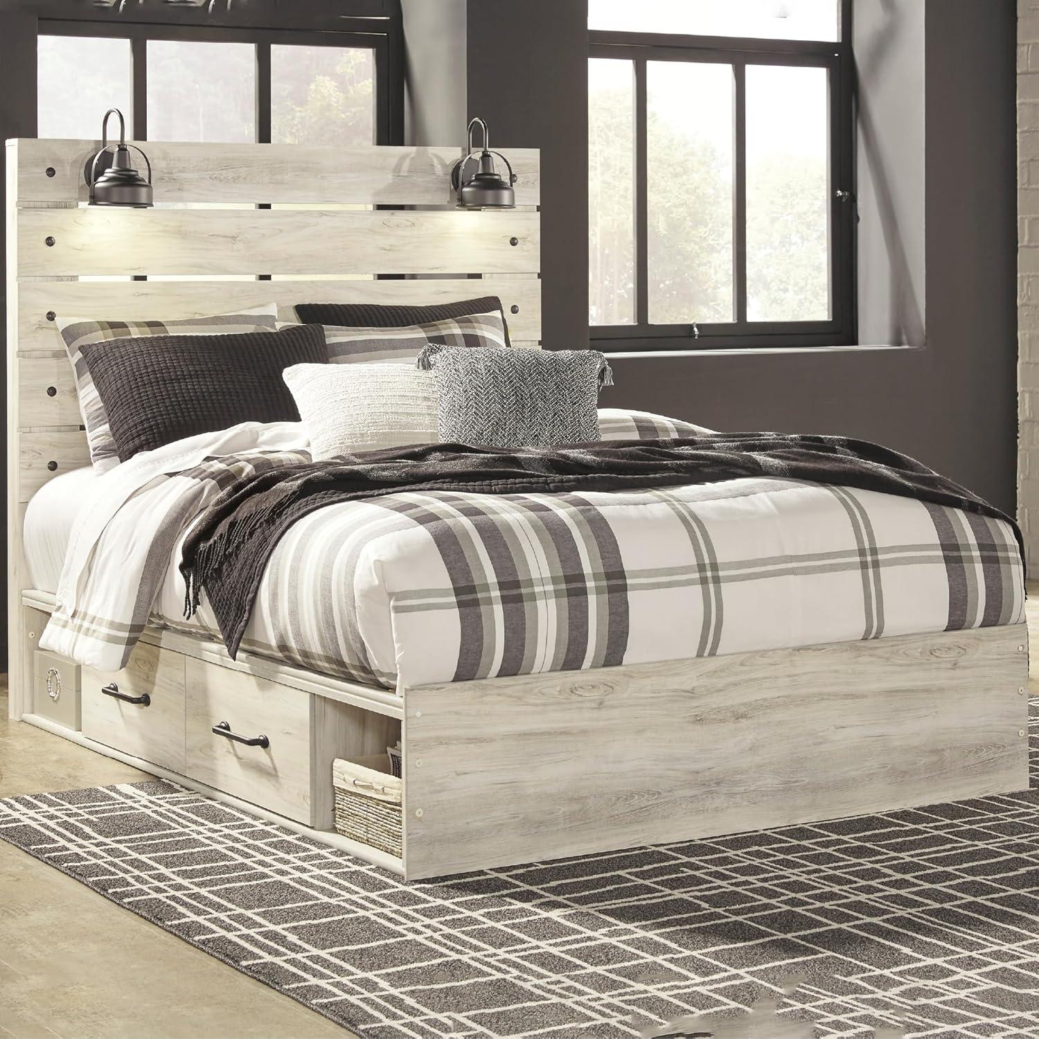 imageSignature Design by Ashley Cambeck Farmhouse Panel Headboard ONLY with USB Charging Stations King WhitewashQueen