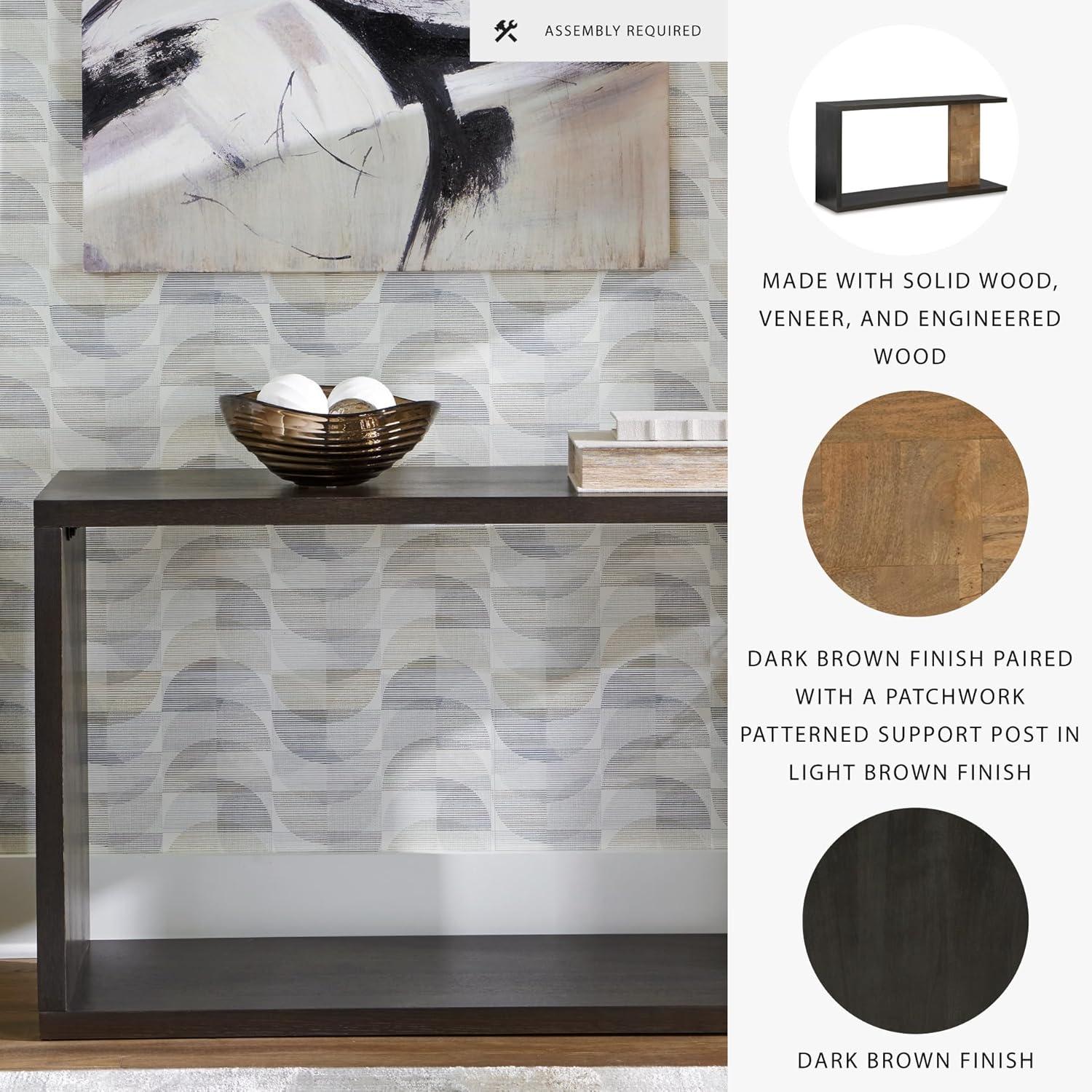 imageSignature Design by Ashley Camlett Contemporary Console Sofa Table with Shelf and Patchwork Patterned Support Post Dark Brown ampamp Light Brown