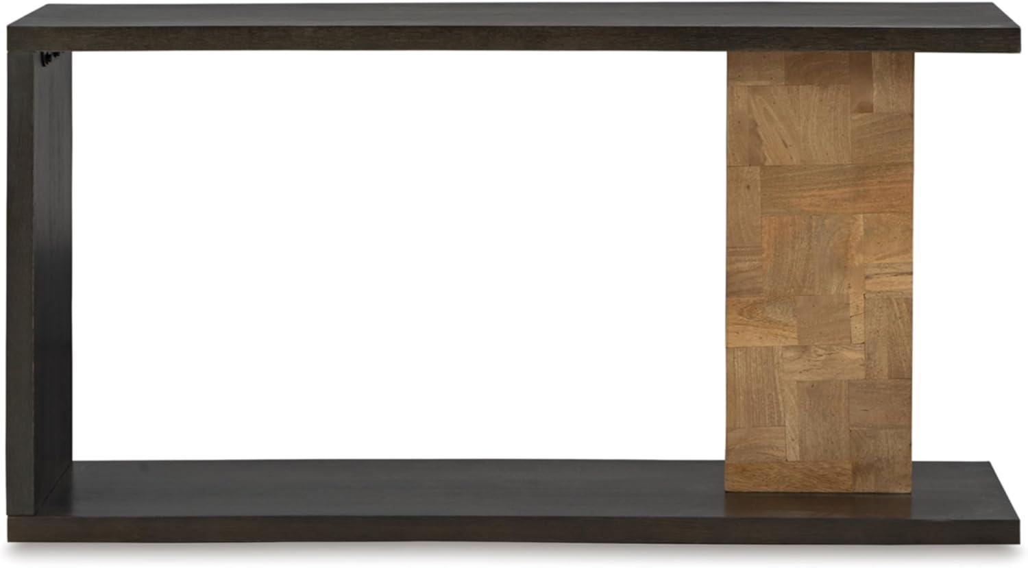imageSignature Design by Ashley Camlett Contemporary Console Sofa Table with Shelf and Patchwork Patterned Support Post Dark Brown ampamp Light Brown