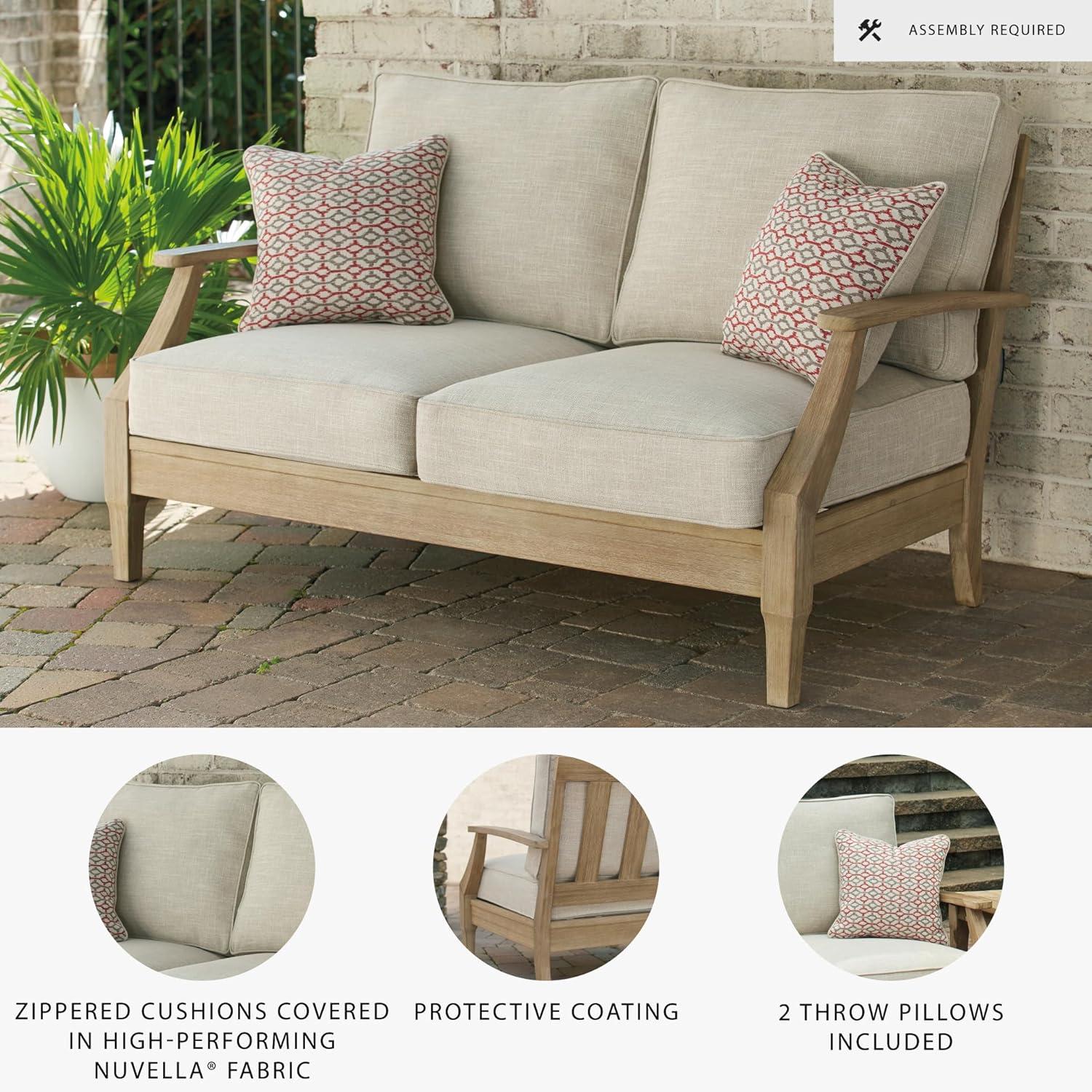 imageSignature Design by Ashley Carter Hall Outdoor Eucalyptus Wood Patio Sofa Cushioned with UVResistant Nuvella Fabric 5Step Protective Finish BeigeBeige
