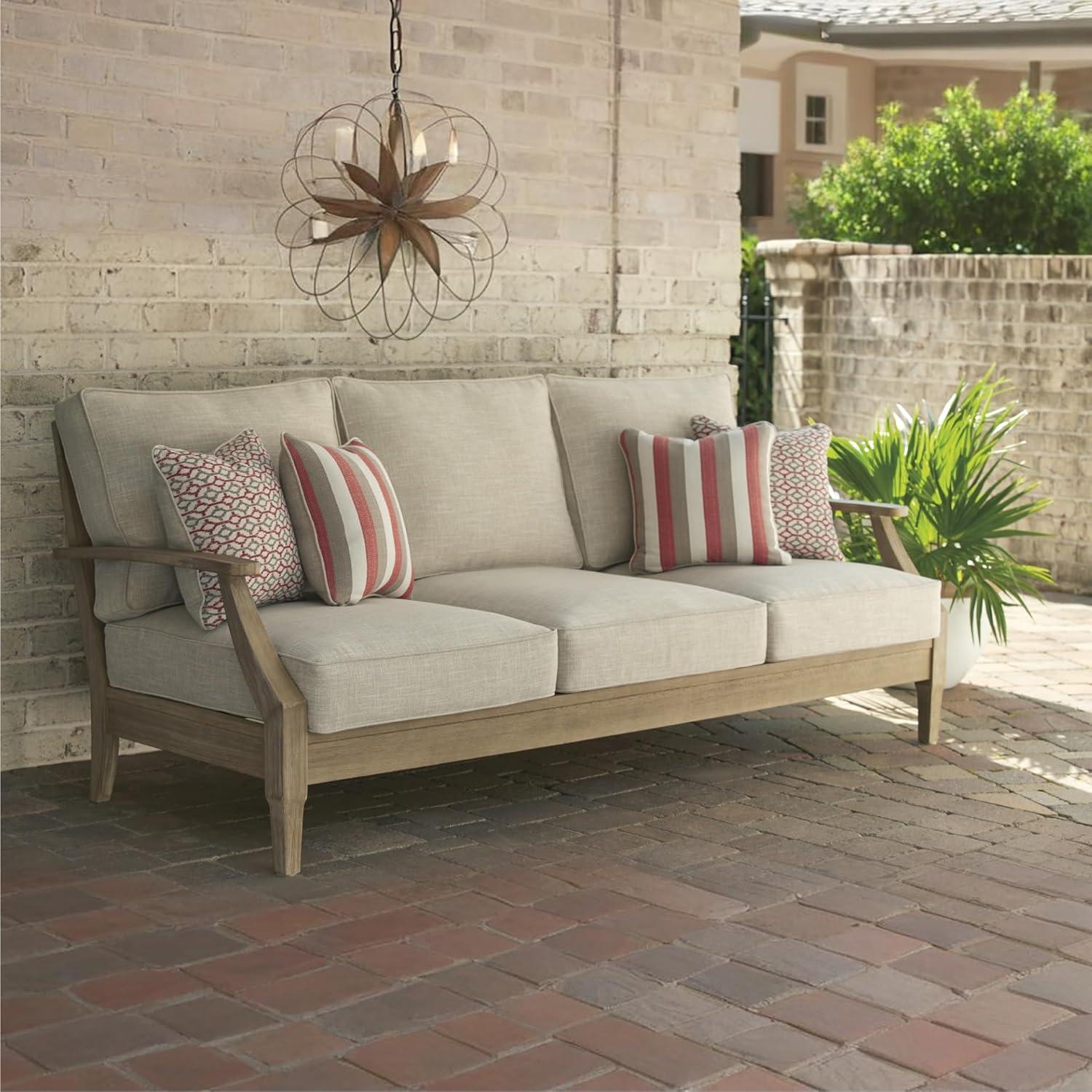 imageSignature Design by Ashley Carter Hall Outdoor Eucalyptus Wood Patio Sofa Cushioned with UVResistant Nuvella Fabric 5Step Protective Finish BeigeBeige