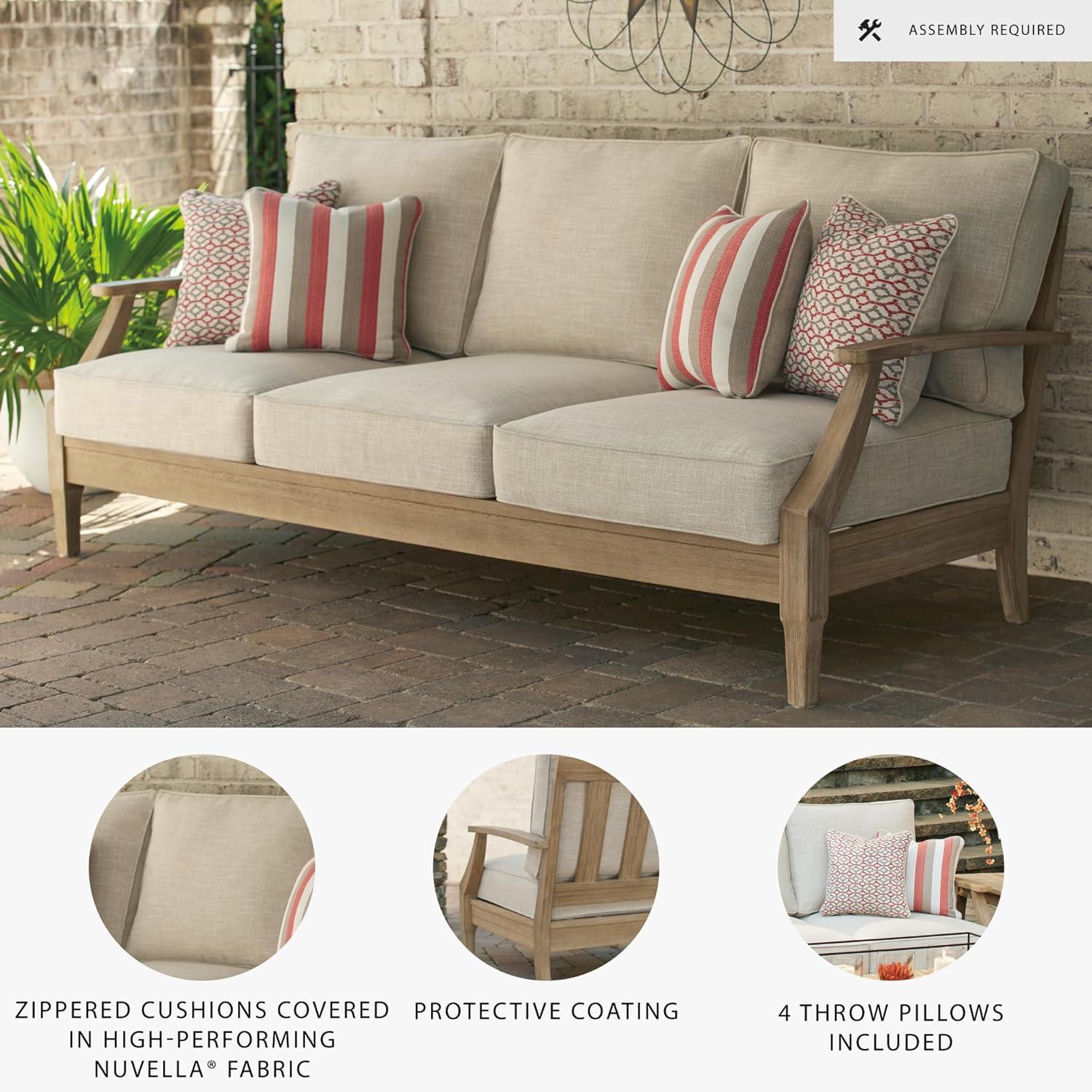 imageSignature Design by Ashley Carter Hall Outdoor Eucalyptus Wood Patio Sofa Cushioned with UVResistant Nuvella Fabric 5Step Protective Finish BeigeBeige