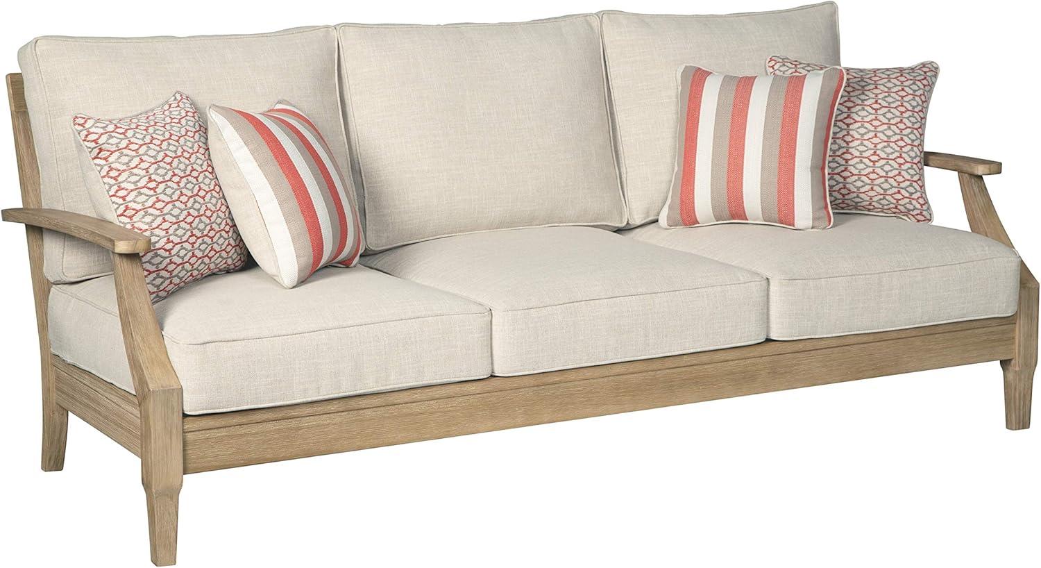 imageSignature Design by Ashley Carter Hall Outdoor Eucalyptus Wood Patio Sofa Cushioned with UVResistant Nuvella Fabric 5Step Protective Finish BeigeBeige