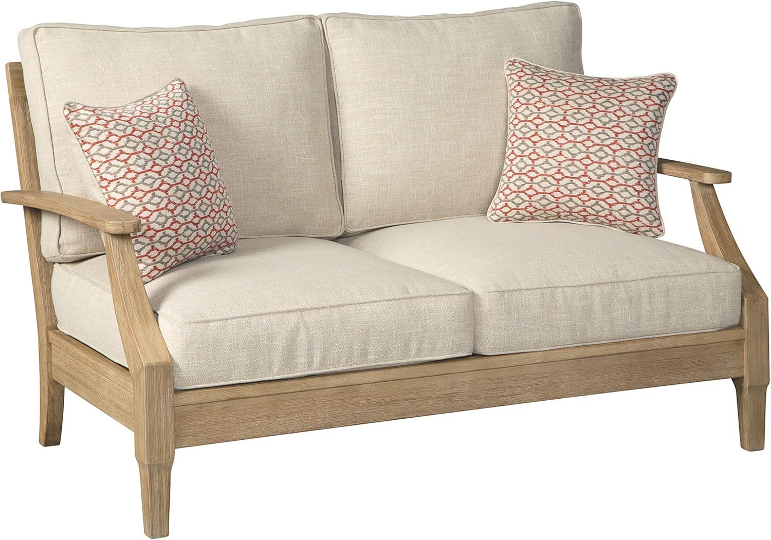 imageSignature Design by Ashley Carter Hall Outdoor Eucalyptus Wood Patio Sofa Cushioned with UVResistant Nuvella Fabric 5Step Protective Finish BeigeBeige