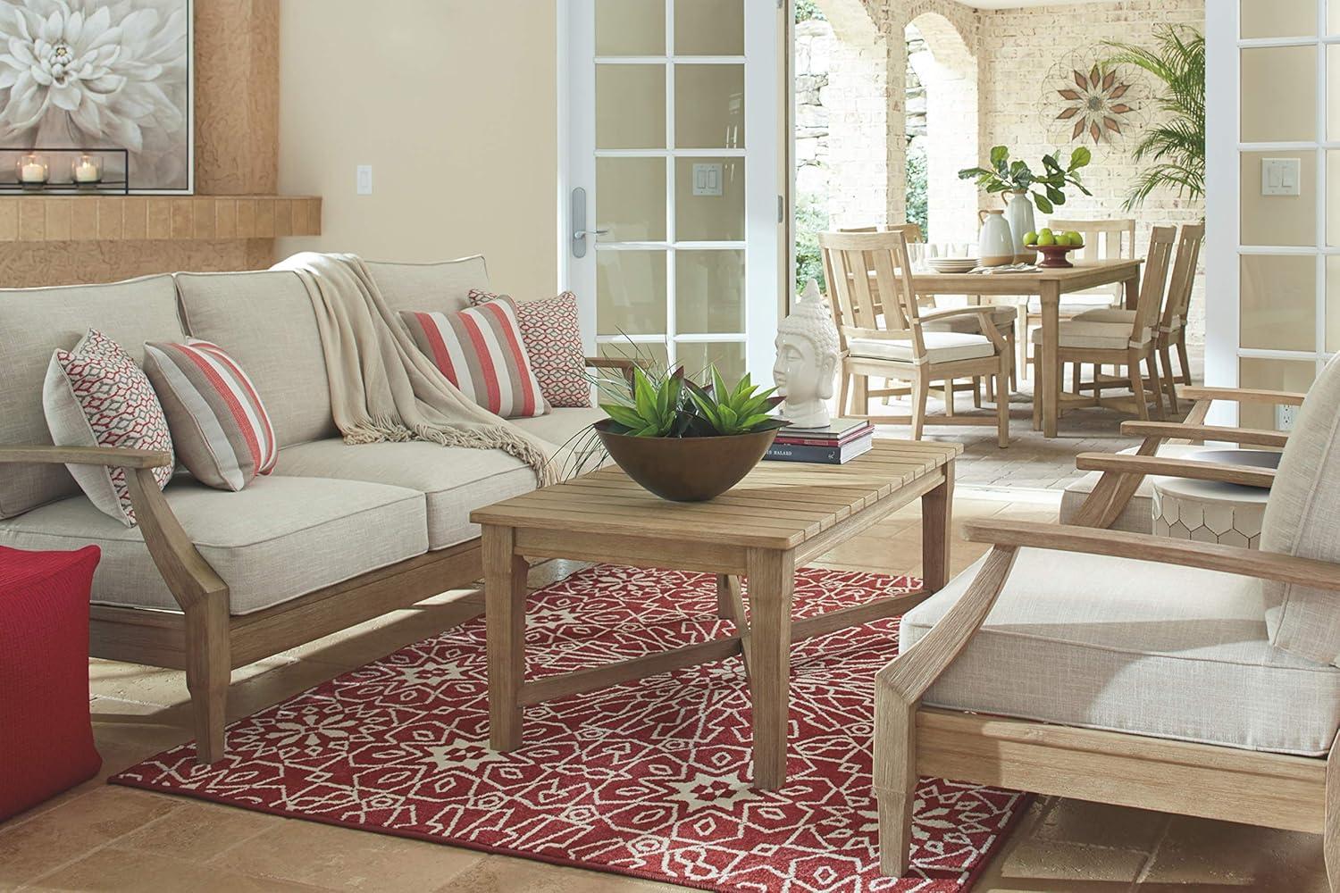 imageSignature Design by Ashley Carter Hall Outdoor Eucalyptus Wood Patio Sofa Cushioned with UVResistant Nuvella Fabric 5Step Protective Finish BeigeBeige