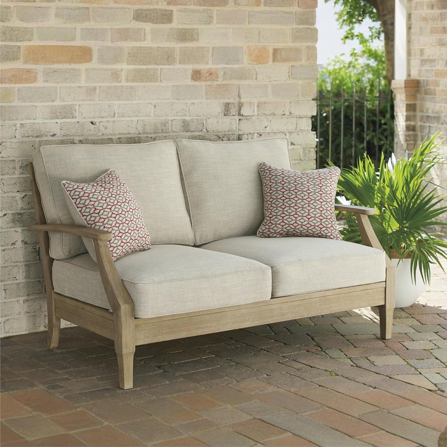 imageSignature Design by Ashley Carter Hall Outdoor Eucalyptus Wood Patio Sofa Cushioned with UVResistant Nuvella Fabric 5Step Protective Finish BeigeBeige