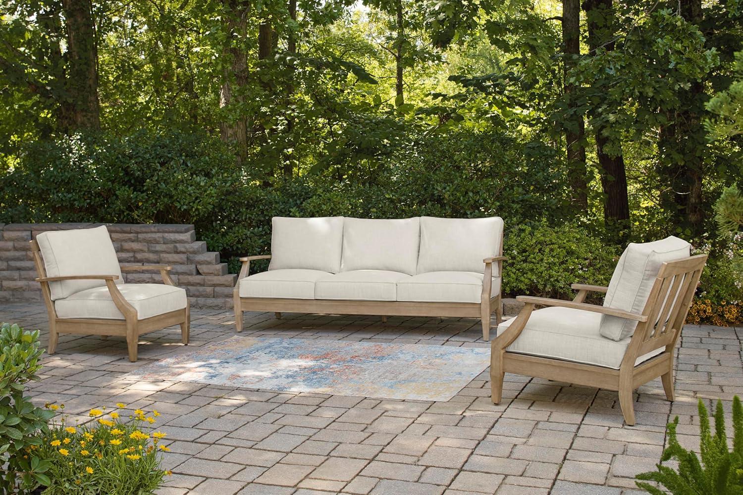 imageSignature Design by Ashley Carter Hall Outdoor Eucalyptus Wood Patio Sofa Cushioned with UVResistant Nuvella Fabric 5Step Protective Finish BeigeLinen