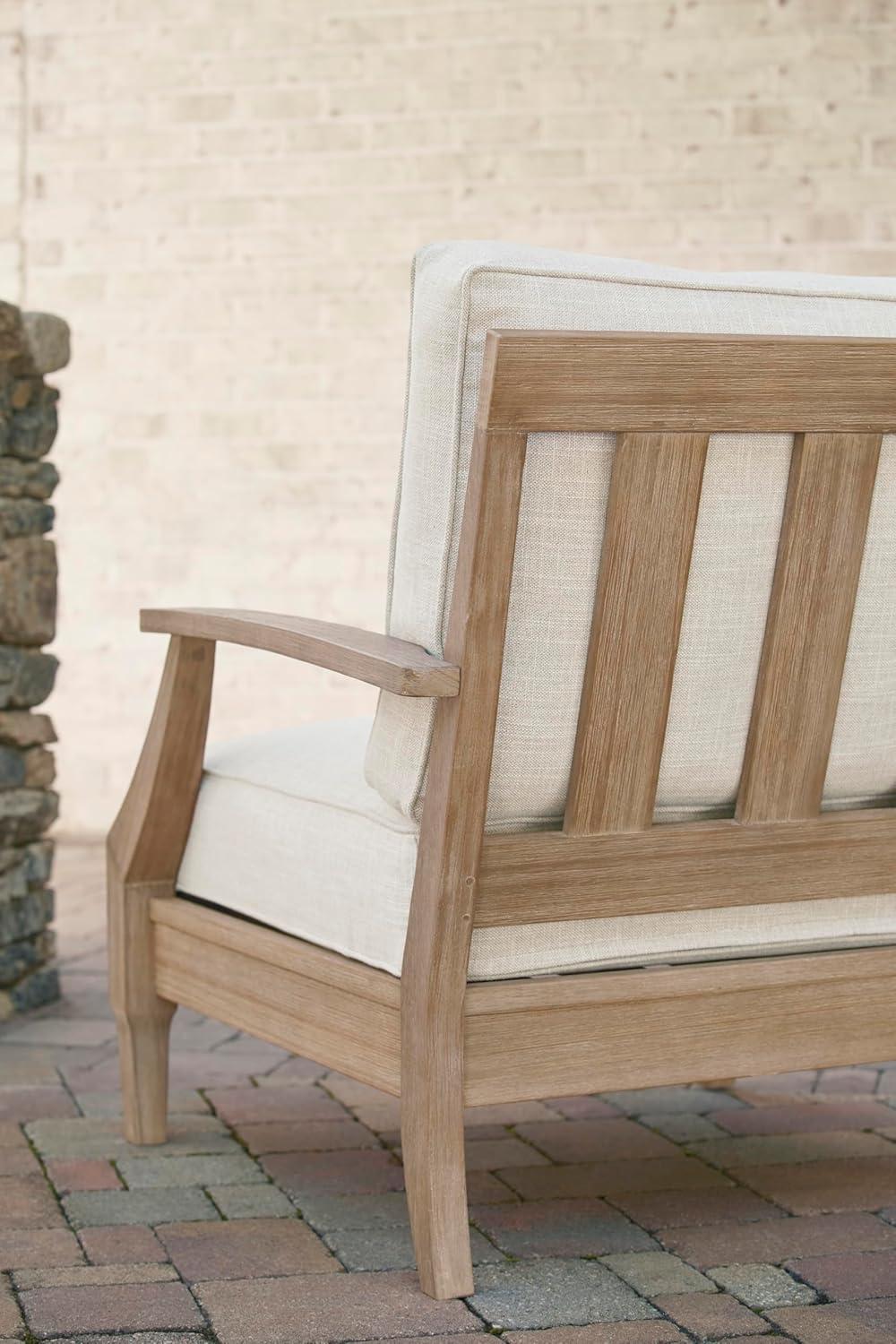 imageSignature Design by Ashley Carter Hall Outdoor Eucalyptus Wood Patio Sofa Cushioned with UVResistant Nuvella Fabric 5Step Protective Finish BeigeLinen