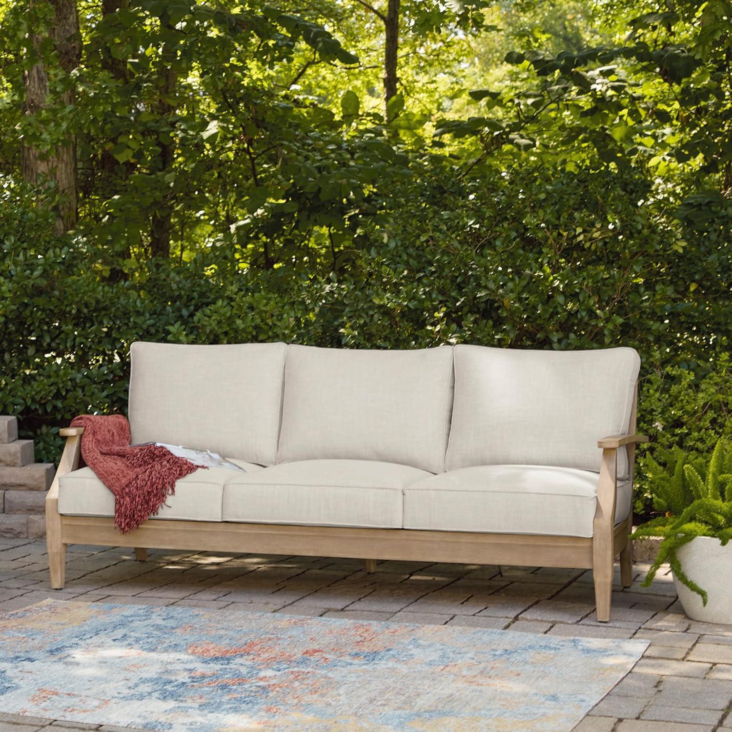 imageSignature Design by Ashley Carter Hall Outdoor Eucalyptus Wood Patio Sofa Cushioned with UVResistant Nuvella Fabric 5Step Protective Finish BeigeLinen