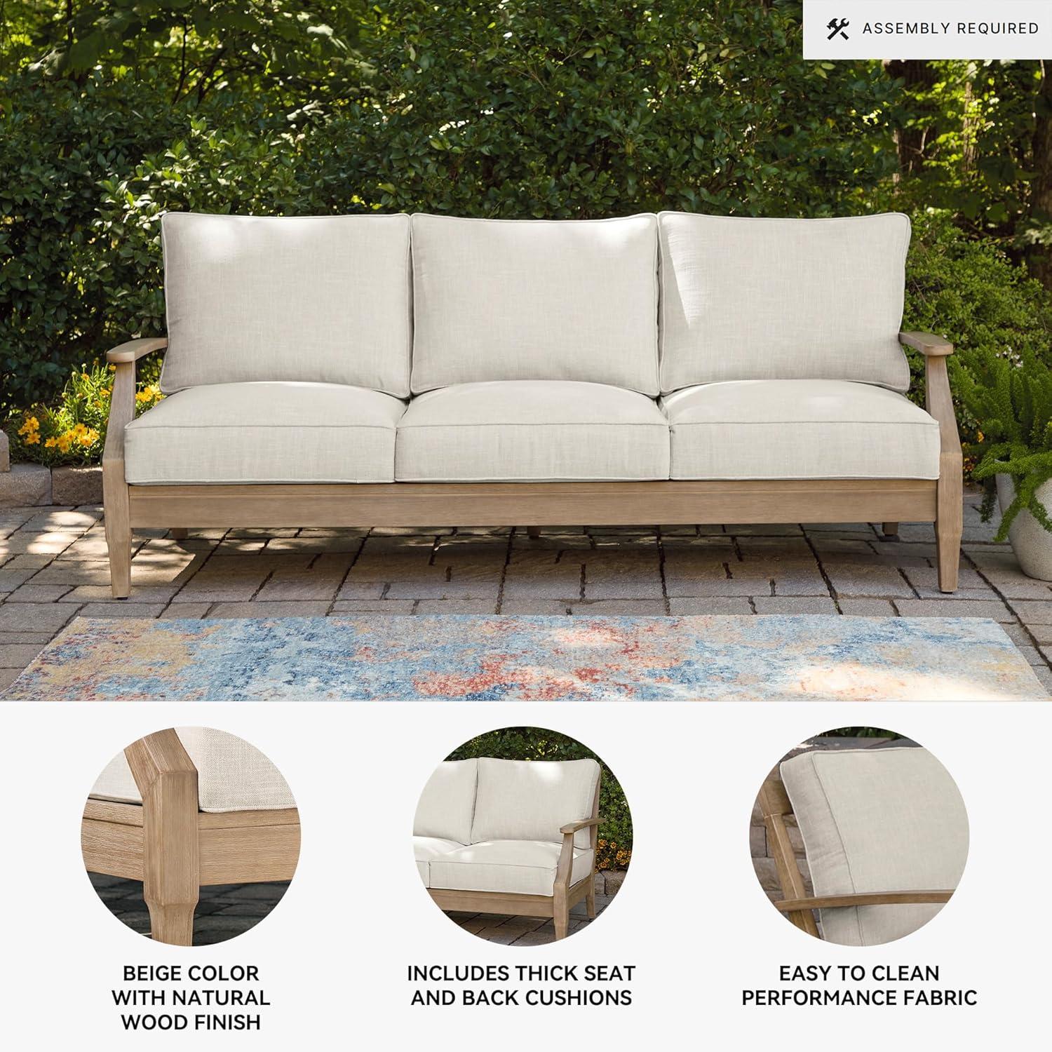 imageSignature Design by Ashley Carter Hall Outdoor Eucalyptus Wood Patio Sofa Cushioned with UVResistant Nuvella Fabric 5Step Protective Finish BeigeLinen