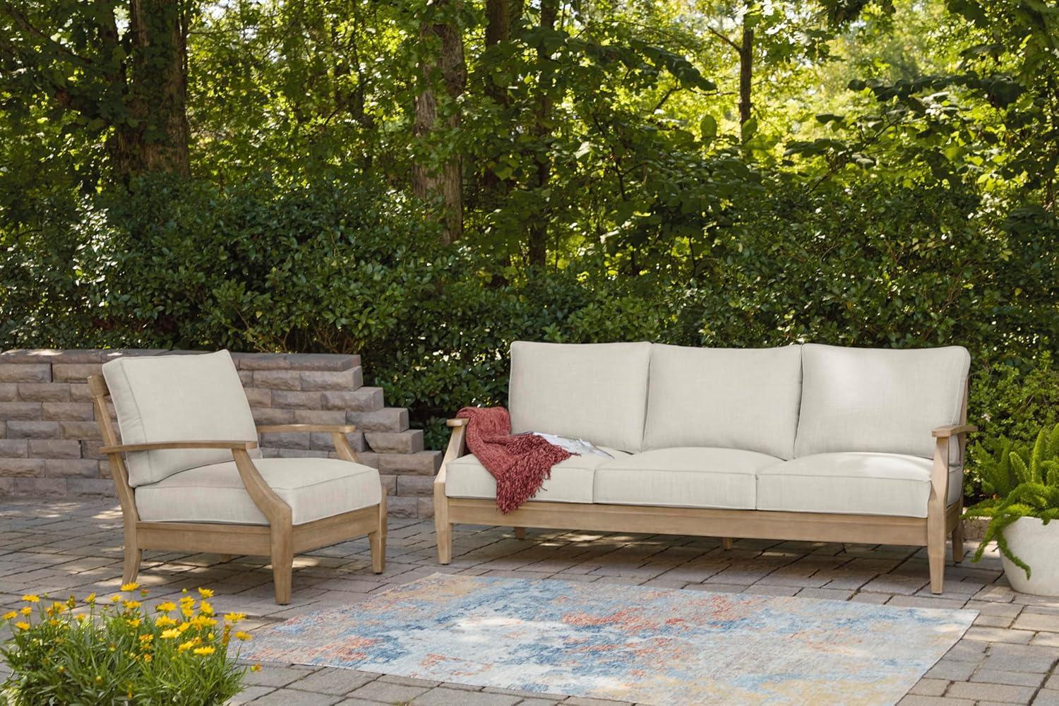 imageSignature Design by Ashley Carter Hall Outdoor Eucalyptus Wood Patio Sofa Cushioned with UVResistant Nuvella Fabric 5Step Protective Finish BeigeLinen