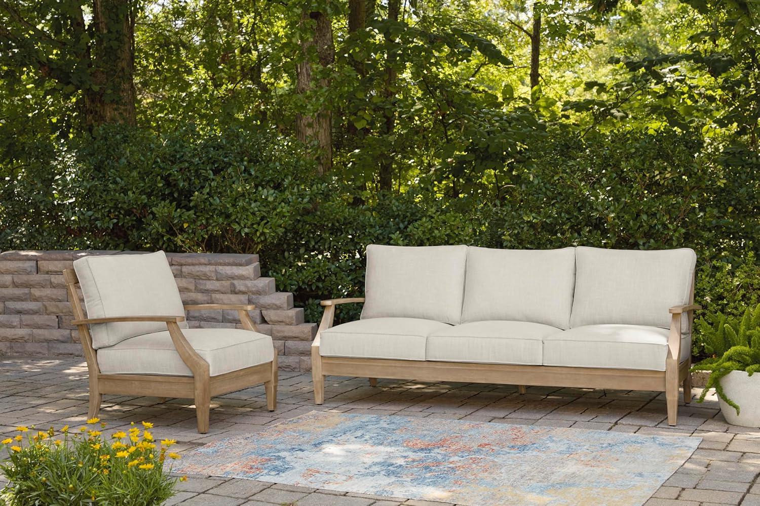 imageSignature Design by Ashley Carter Hall Outdoor Eucalyptus Wood Patio Sofa Cushioned with UVResistant Nuvella Fabric 5Step Protective Finish BeigeLinen