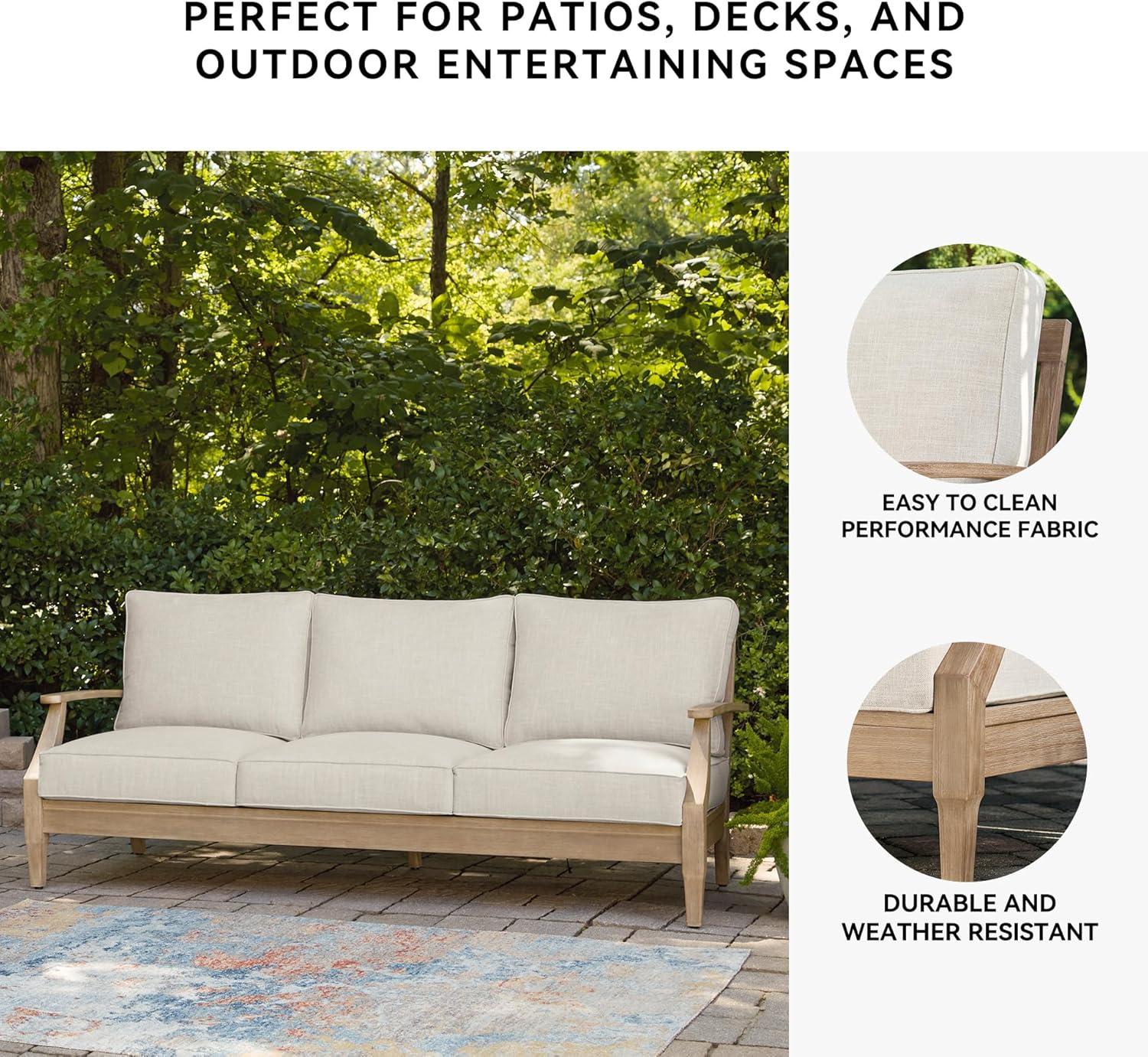imageSignature Design by Ashley Carter Hall Outdoor Eucalyptus Wood Patio Sofa Cushioned with UVResistant Nuvella Fabric 5Step Protective Finish BeigeLinen