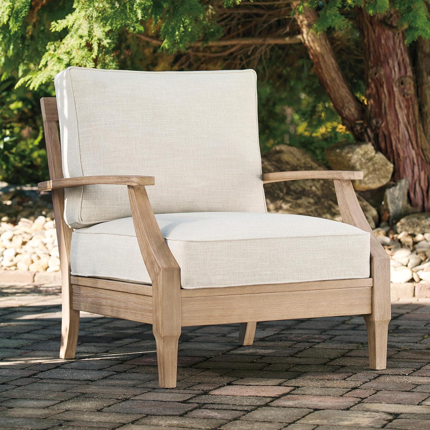 imageSignature Design by Ashley Carter Hall Outdoor Eucalyptus Wood Patio Sofa Cushioned with UVResistant Nuvella Fabric 5Step Protective Finish BeigeLinen