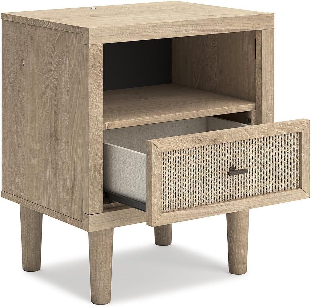 imageSignature Design by Ashley Cielden Farmhouse 1 Drawer Nightstand with Open Shelf LED Lights Wireless Charging and USB Ports 25quot Tall Light BrownLight Brown