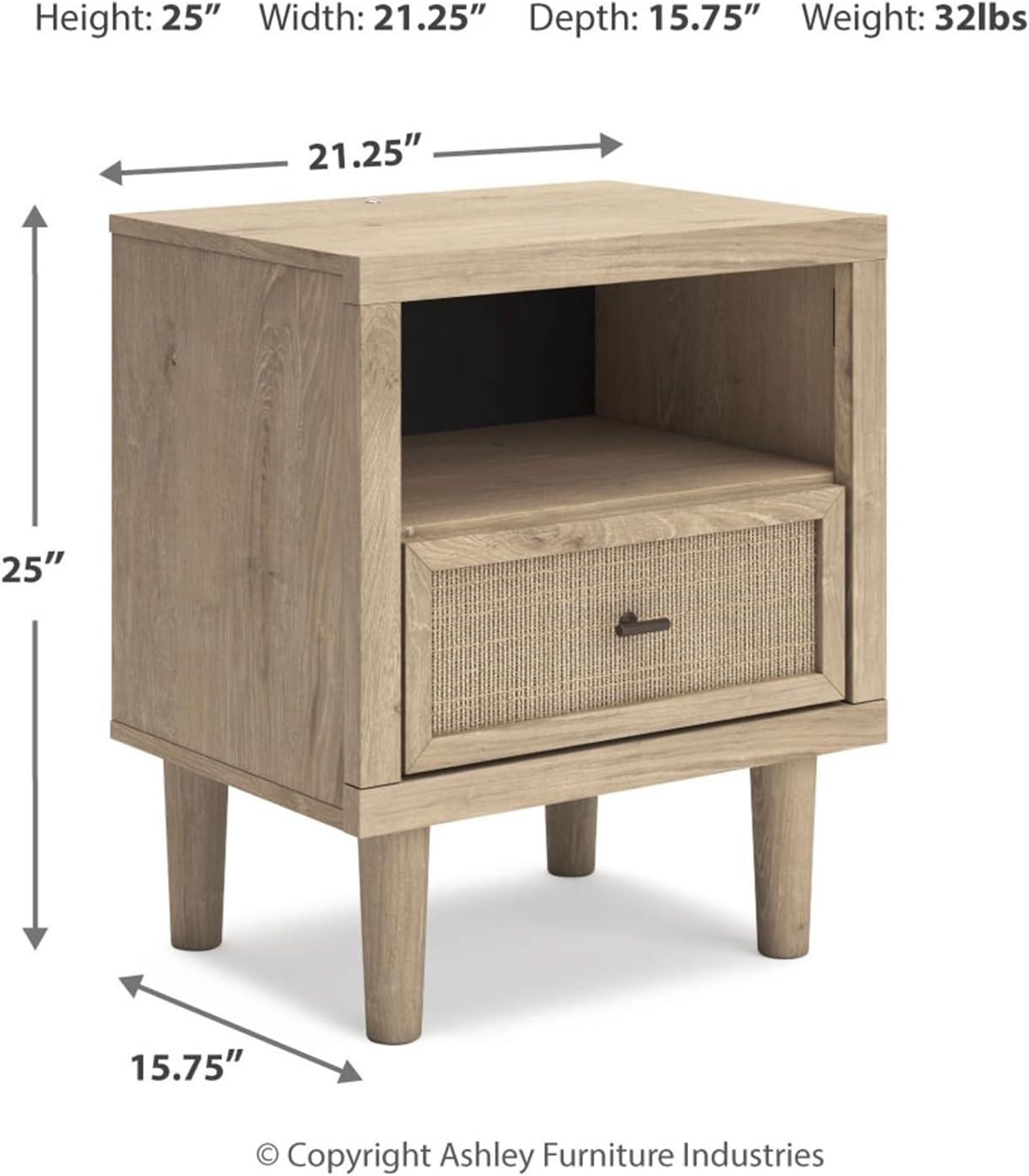 imageSignature Design by Ashley Cielden Farmhouse 1 Drawer Nightstand with Open Shelf LED Lights Wireless Charging and USB Ports 25quot Tall Light BrownLight Brown