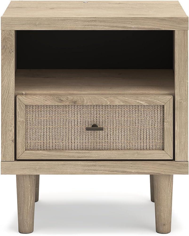 imageSignature Design by Ashley Cielden Farmhouse 1 Drawer Nightstand with Open Shelf LED Lights Wireless Charging and USB Ports 25quot Tall Light BrownLight Brown