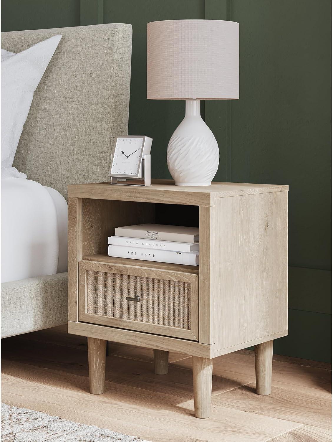 imageSignature Design by Ashley Cielden Farmhouse 1 Drawer Nightstand with Open Shelf LED Lights Wireless Charging and USB Ports 25quot Tall Light BrownLight Brown