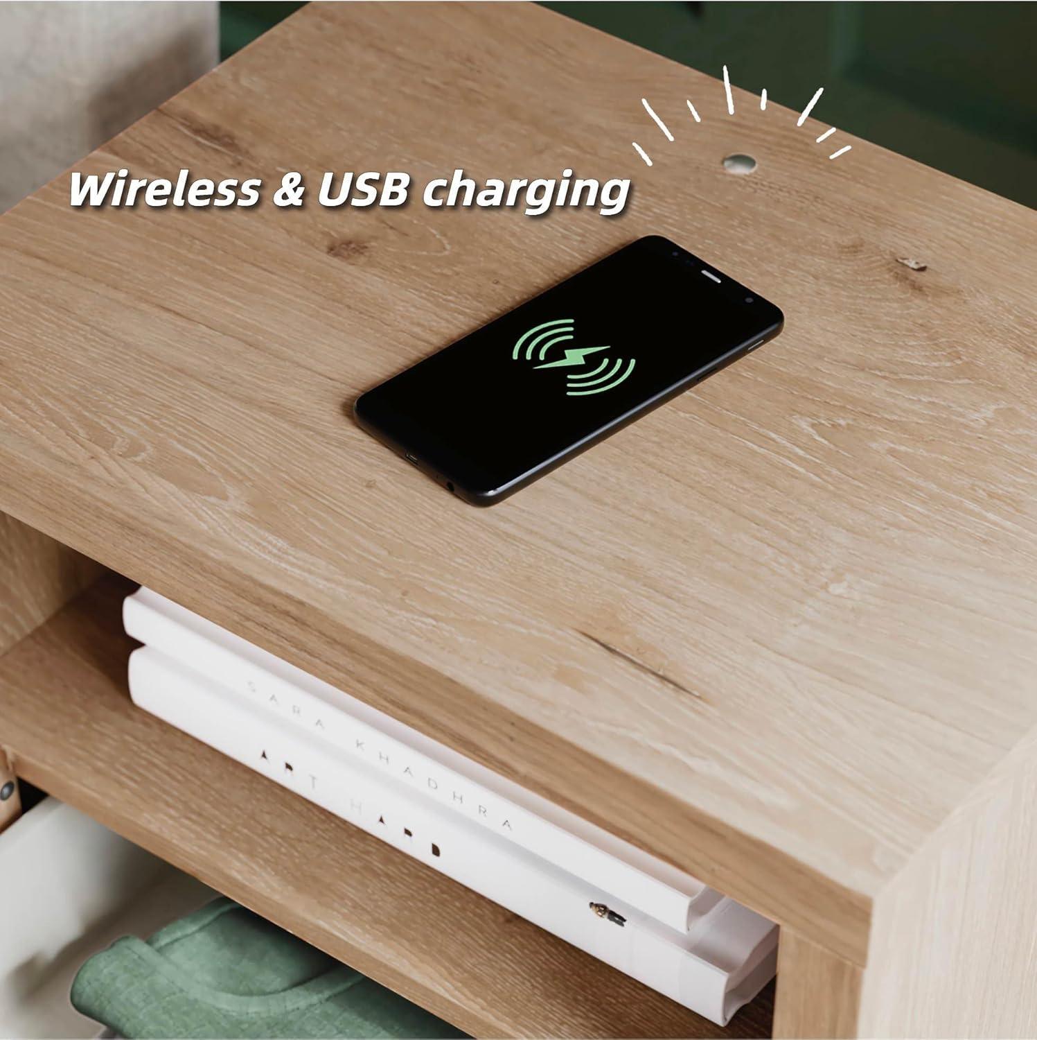 imageSignature Design by Ashley Cielden Farmhouse 1 Drawer Nightstand with Open Shelf LED Lights Wireless Charging and USB Ports 25quot Tall Light BrownLight Brown