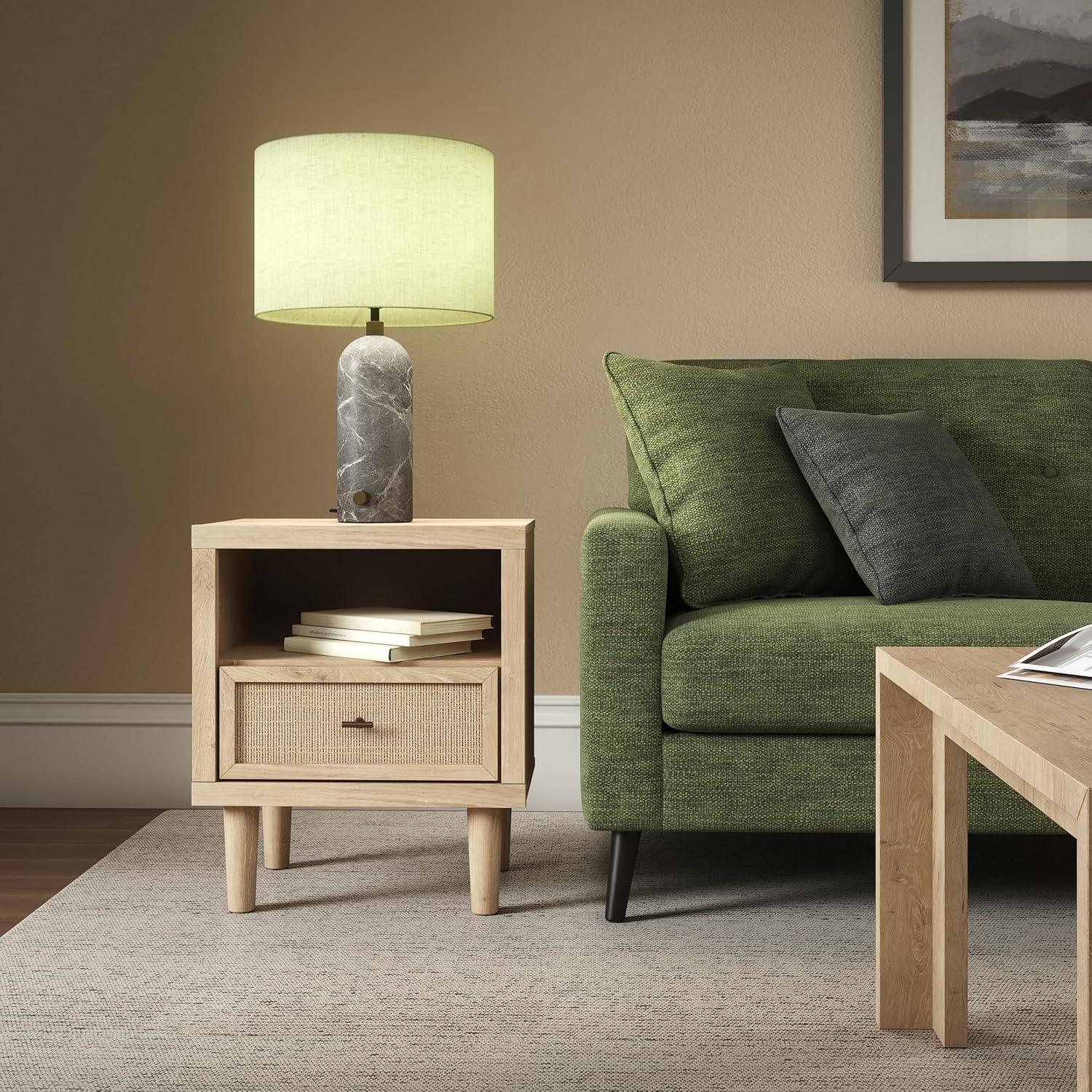 imageSignature Design by Ashley Cielden Farmhouse 1 Drawer Nightstand with Open Shelf LED Lights Wireless Charging and USB Ports 25quot Tall Light BrownLight Brown