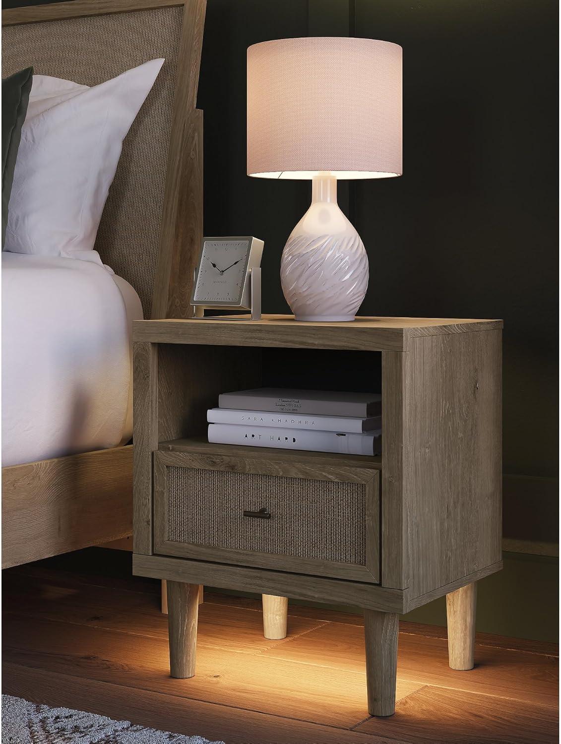 imageSignature Design by Ashley Cielden Farmhouse 1 Drawer Nightstand with Open Shelf LED Lights Wireless Charging and USB Ports 25quot Tall Light BrownLight Brown