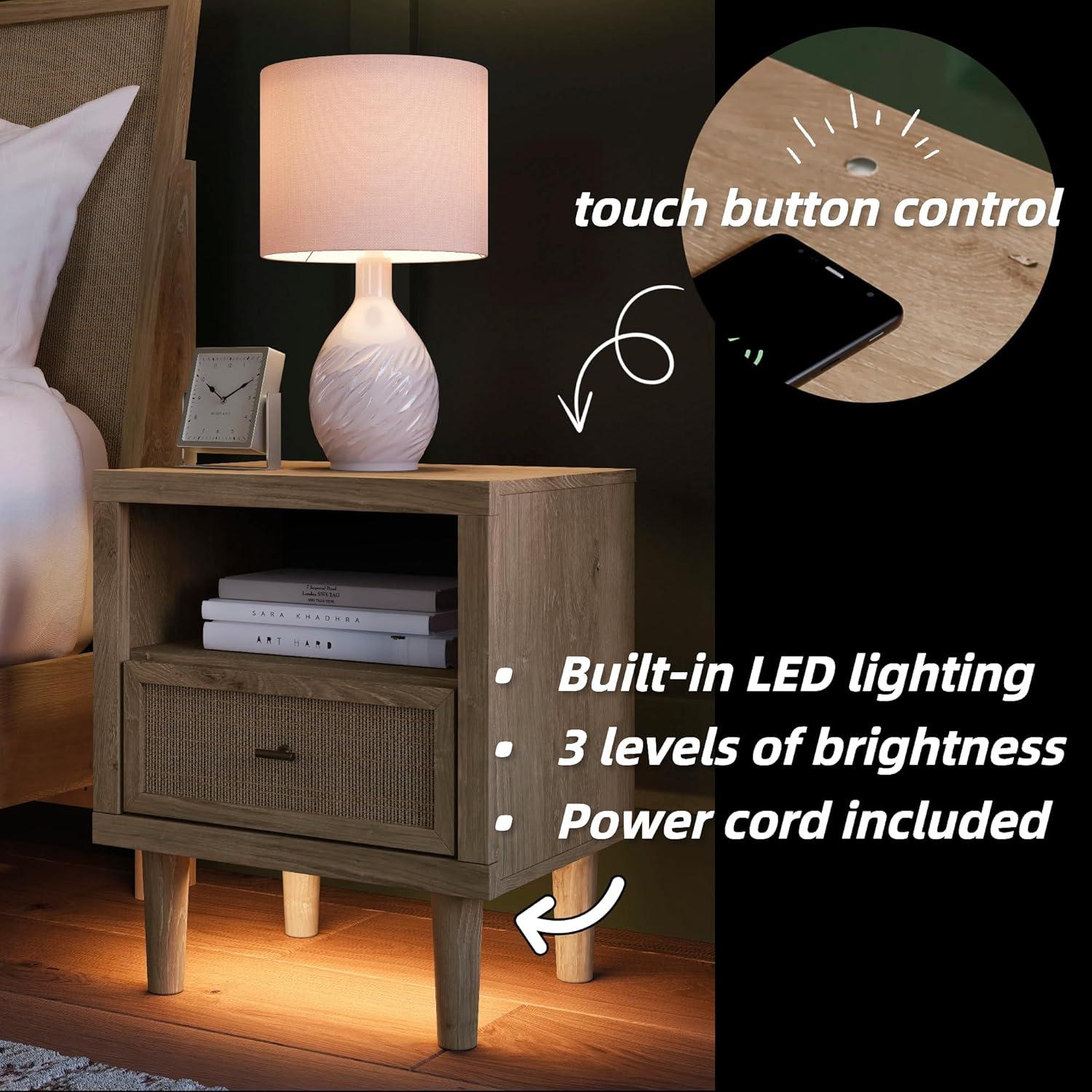 imageSignature Design by Ashley Cielden Farmhouse 1 Drawer Nightstand with Open Shelf LED Lights Wireless Charging and USB Ports 25quot Tall Light BrownLight Brown