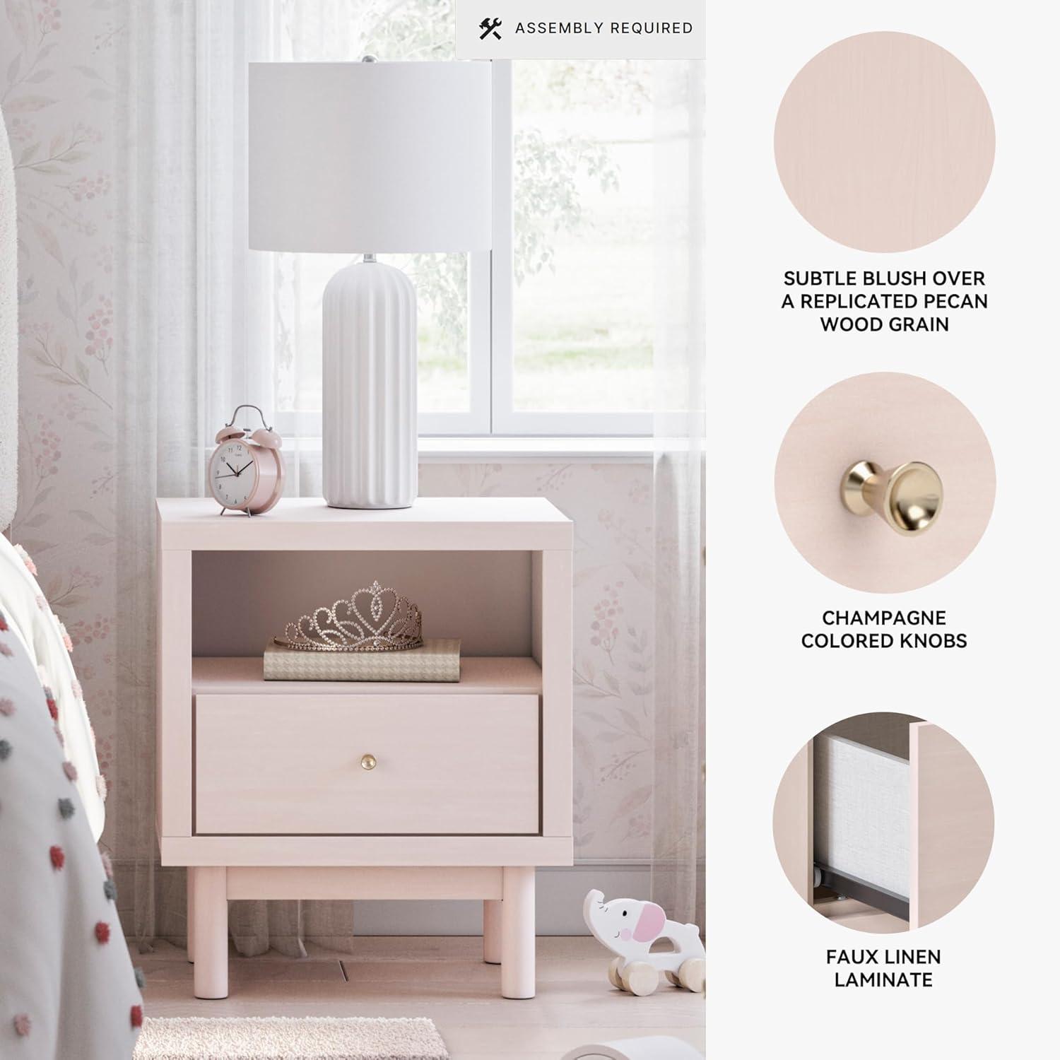 imageSignature Design by Ashley Cielden Farmhouse 1 Drawer Nightstand with Open Shelf LED Lights Wireless Charging and USB Ports 25quot Tall Light BrownPink