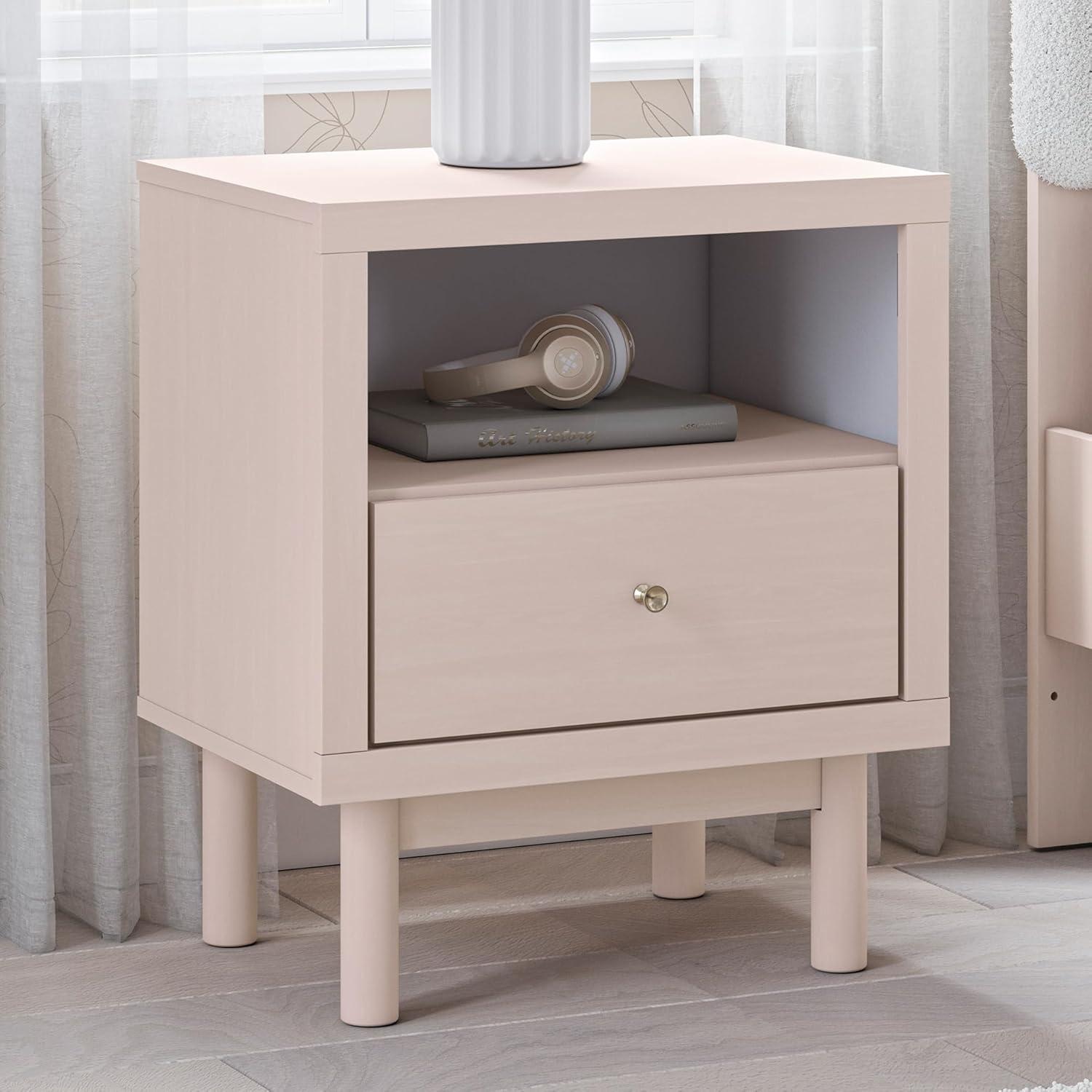 imageSignature Design by Ashley Cielden Farmhouse 1 Drawer Nightstand with Open Shelf LED Lights Wireless Charging and USB Ports 25quot Tall Light BrownPink