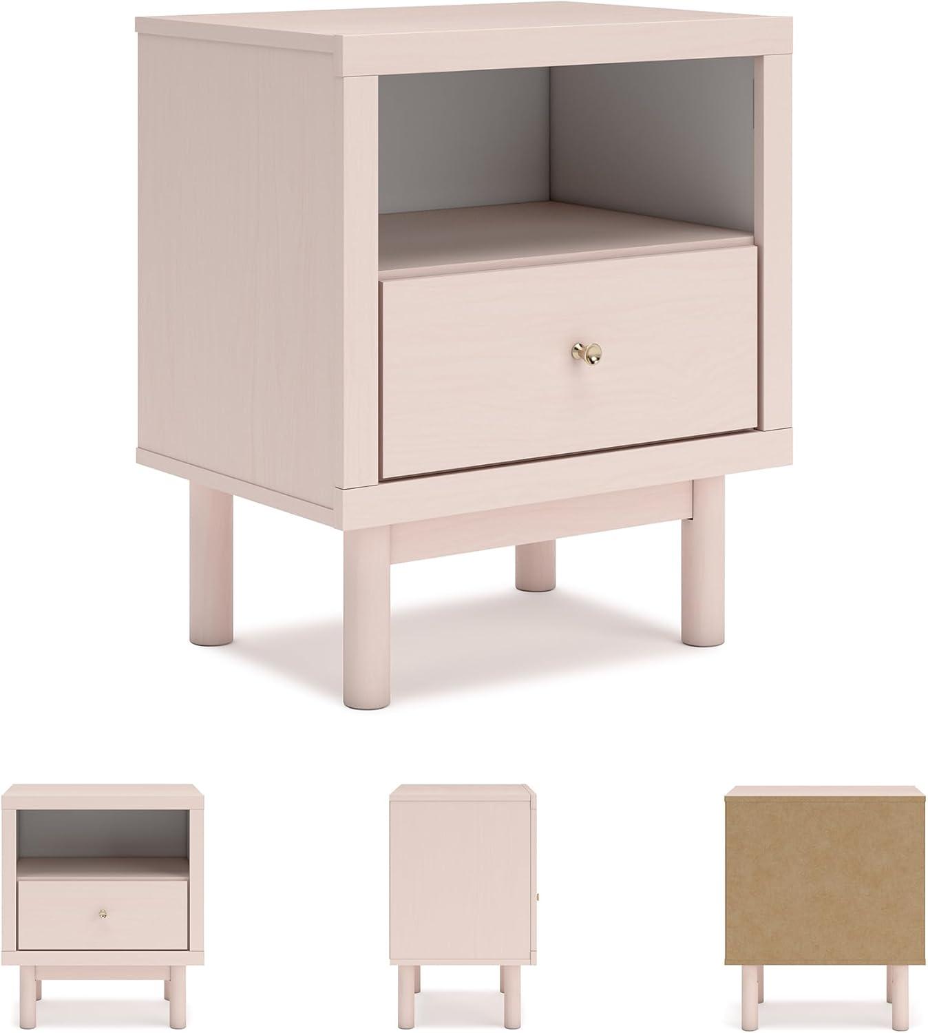 imageSignature Design by Ashley Cielden Farmhouse 1 Drawer Nightstand with Open Shelf LED Lights Wireless Charging and USB Ports 25quot Tall Light BrownPink