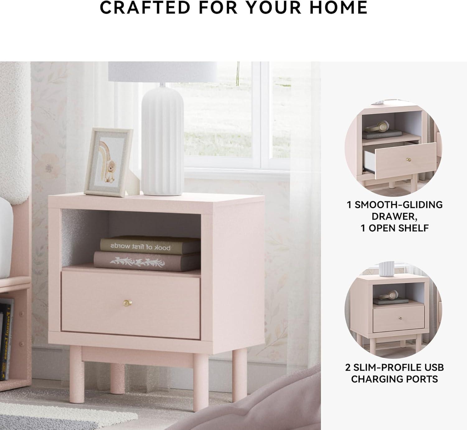 imageSignature Design by Ashley Cielden Farmhouse 1 Drawer Nightstand with Open Shelf LED Lights Wireless Charging and USB Ports 25quot Tall Light BrownPink