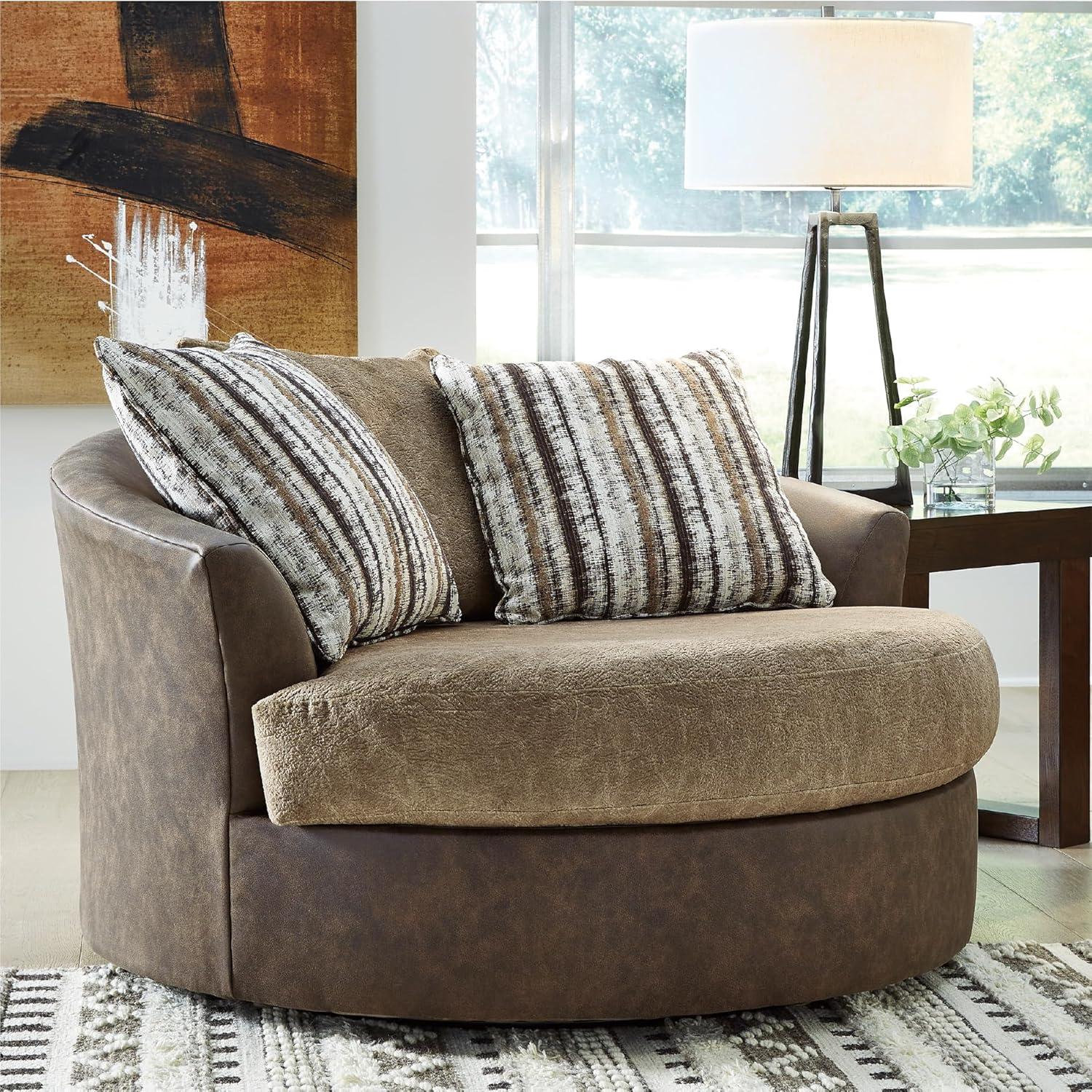 imageSignature Design by Ashley Creswell Transitional Round Upholstered Oversized Swivel Accent Chair GrayDark Brown