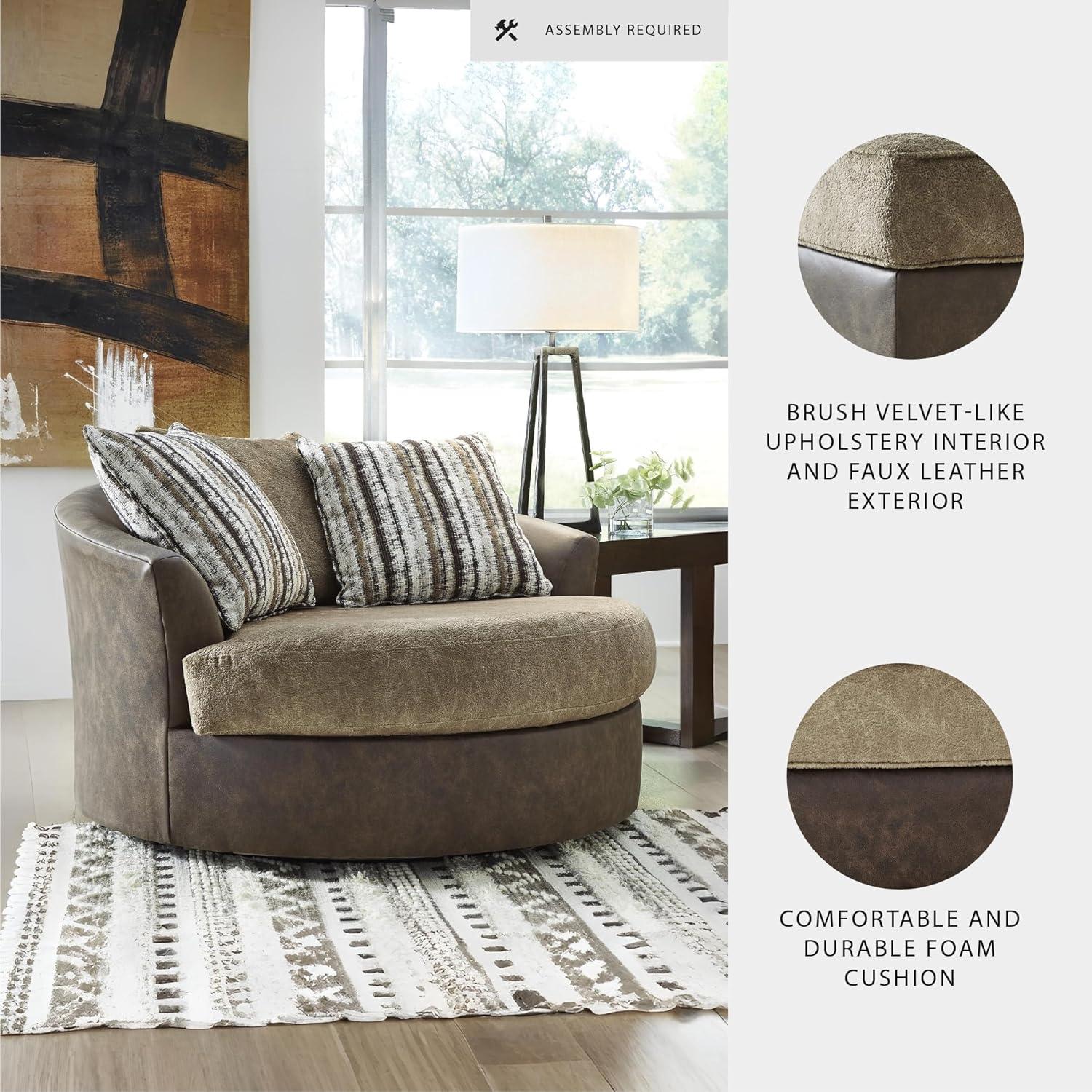 imageSignature Design by Ashley Creswell Transitional Round Upholstered Oversized Swivel Accent Chair GrayDark Brown