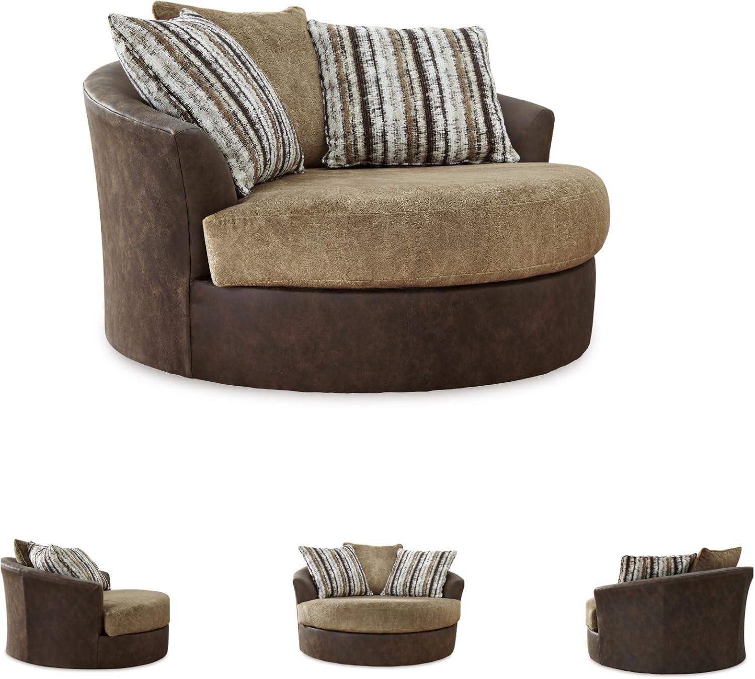 imageSignature Design by Ashley Creswell Transitional Round Upholstered Oversized Swivel Accent Chair GrayDark Brown