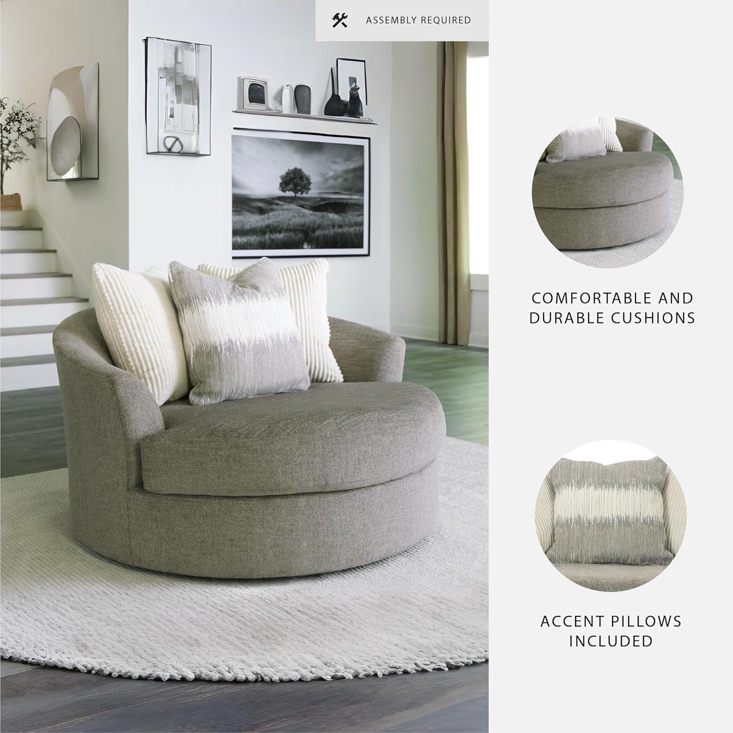 imageSignature Design by Ashley Creswell Transitional Round Upholstered Oversized Swivel Accent Chair GrayGrayish
