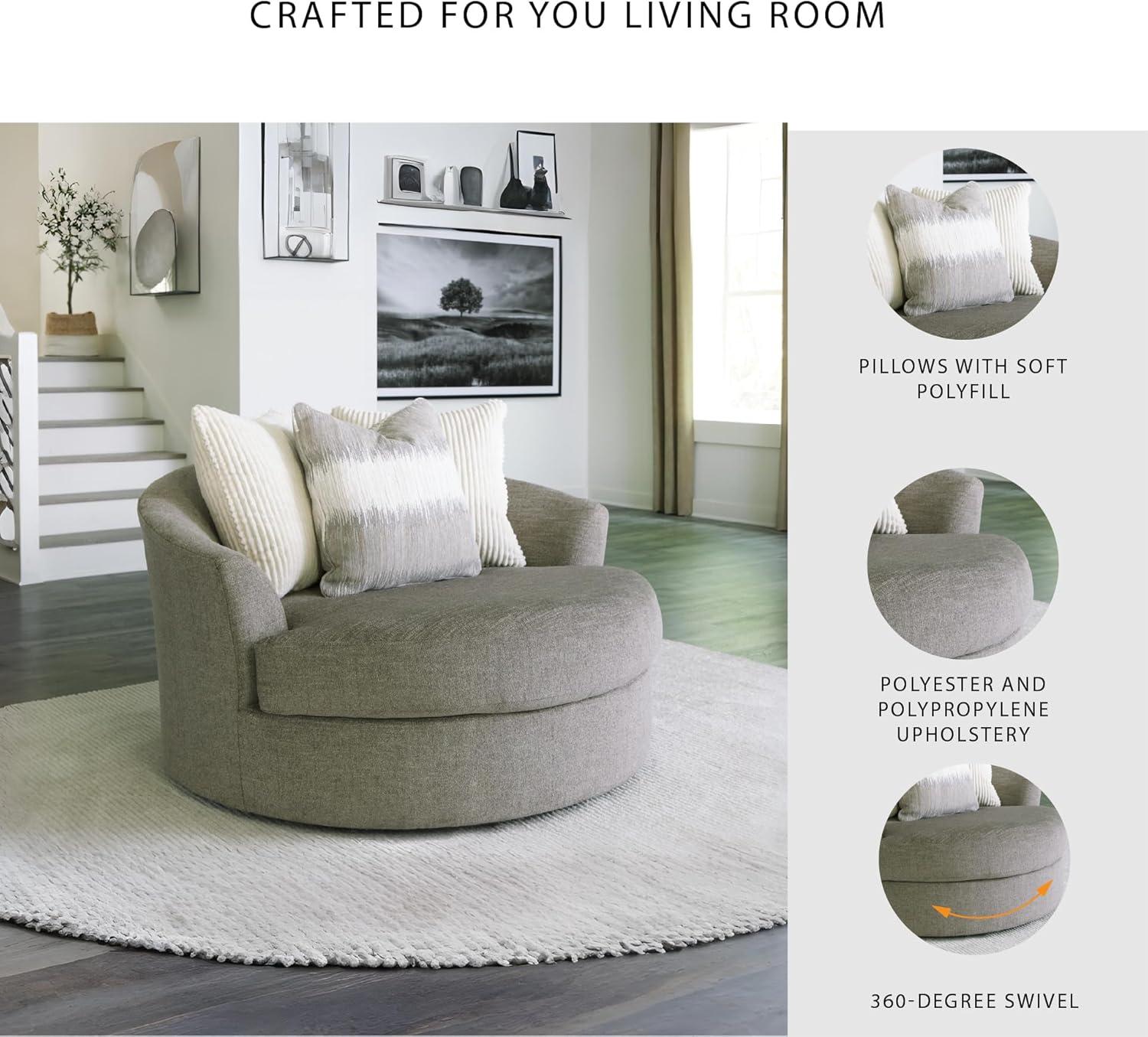 imageSignature Design by Ashley Creswell Transitional Round Upholstered Oversized Swivel Accent Chair GrayGrayish