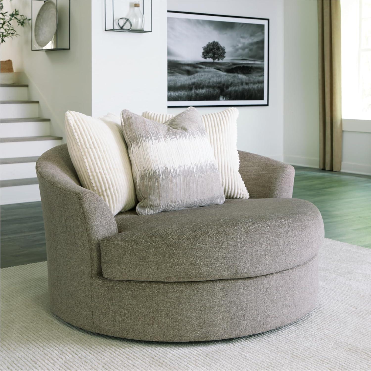 imageSignature Design by Ashley Creswell Transitional Round Upholstered Oversized Swivel Accent Chair GrayGrayish