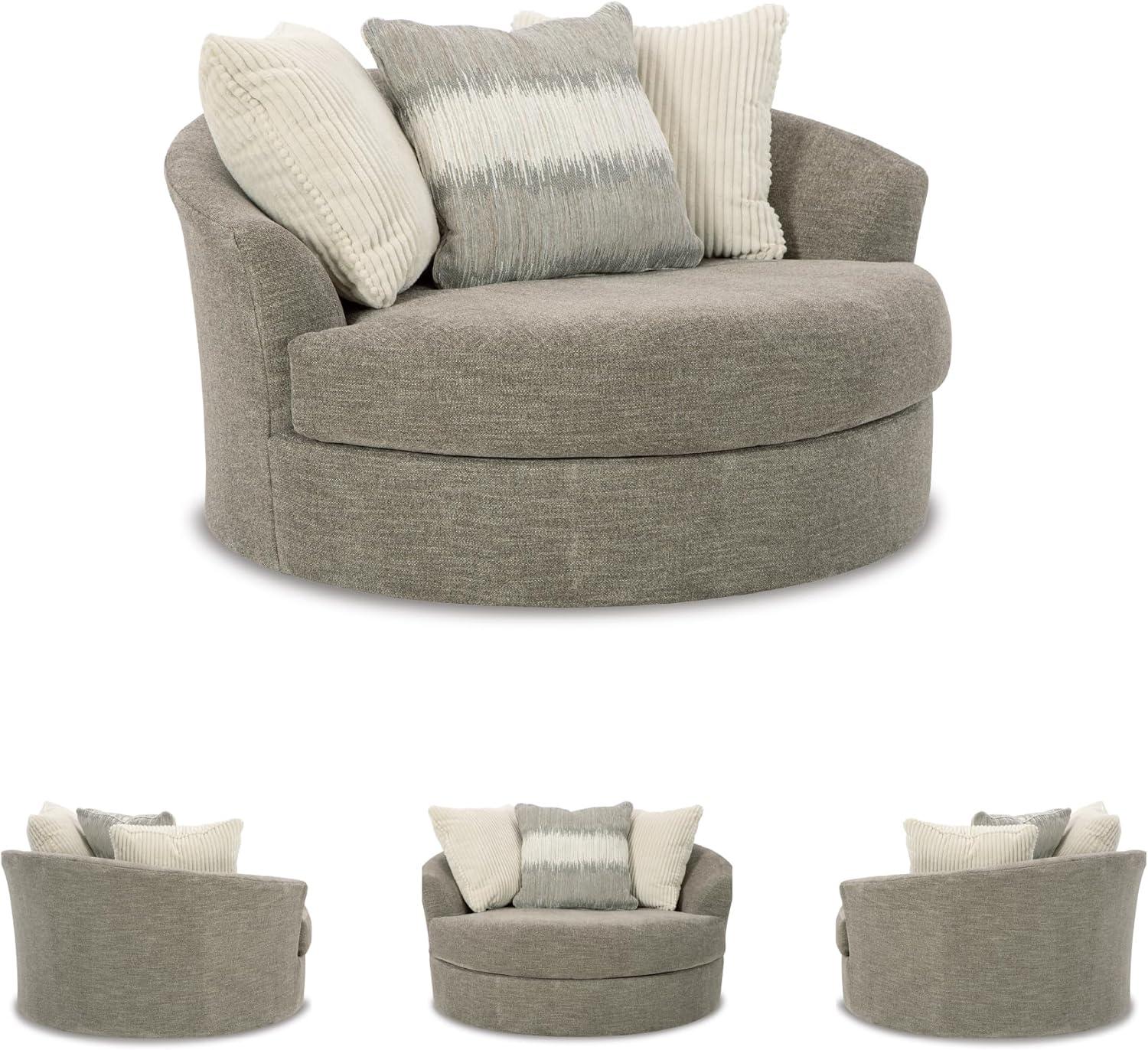 imageSignature Design by Ashley Creswell Transitional Round Upholstered Oversized Swivel Accent Chair GrayGrayish