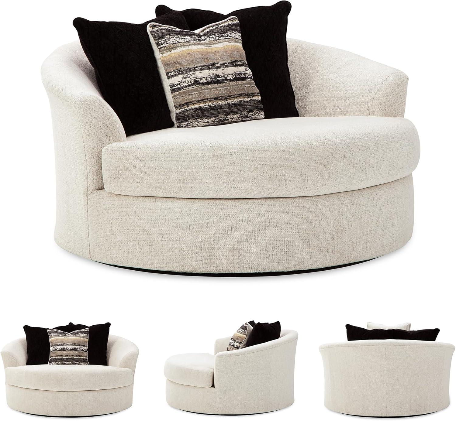 imageSignature Design by Ashley Creswell Transitional Round Upholstered Oversized Swivel Accent Chair GrayWhite