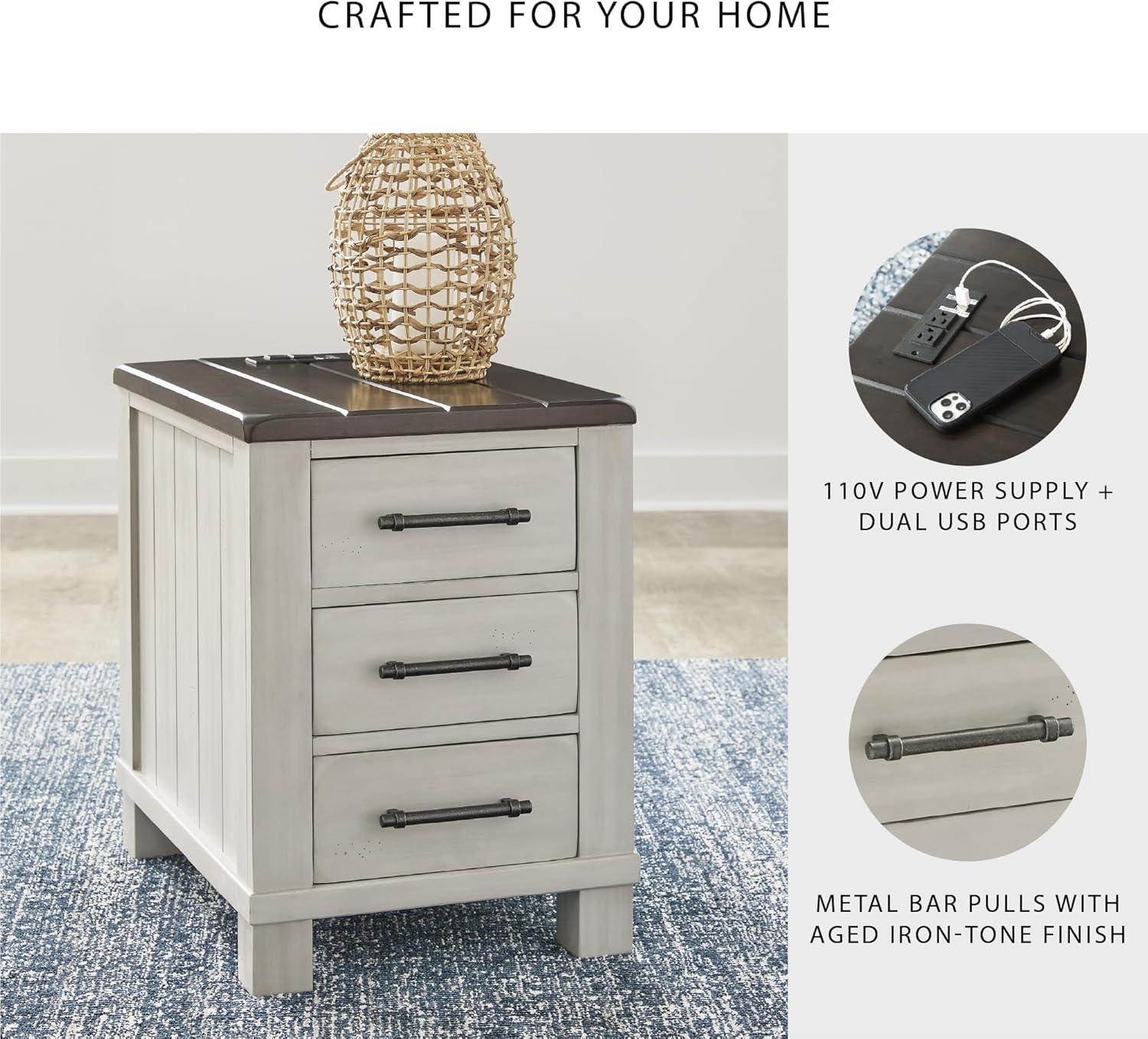 imageSignature Design by Ashley Darborn Farmhouse Chairside End Table with 3 Drawers Power Supply and USB Ports Light Gray ampamp Dark Brown