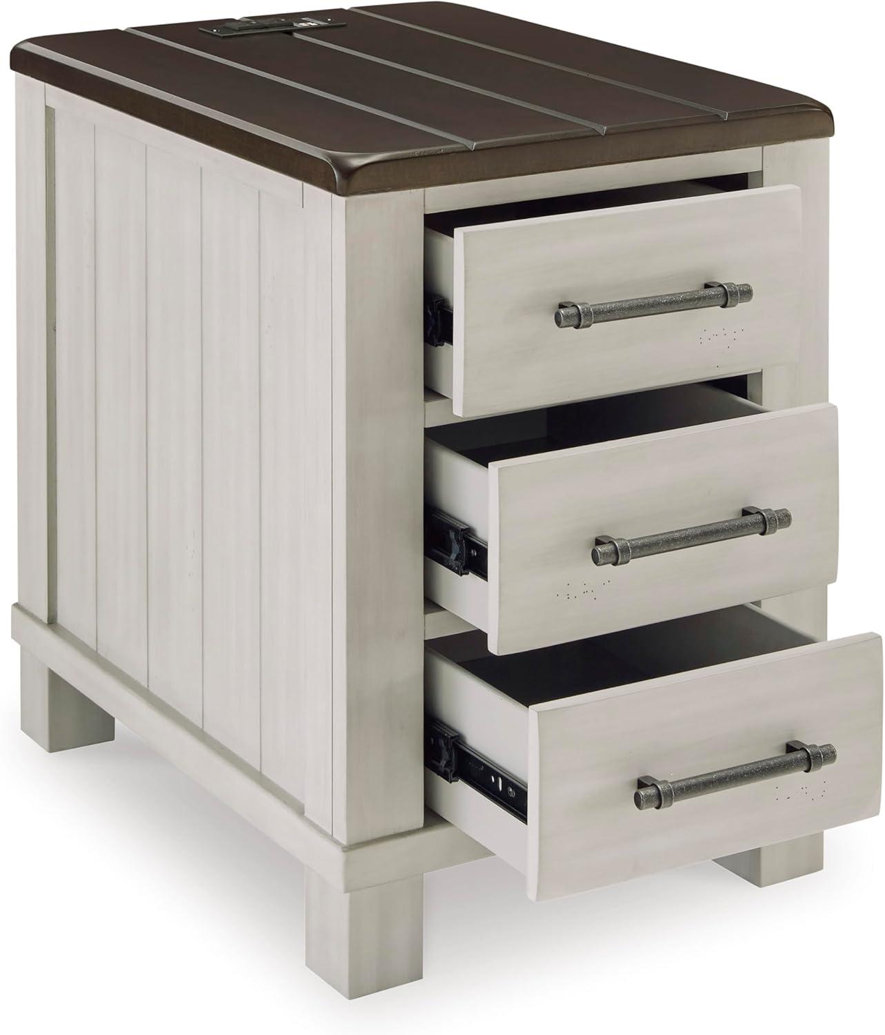 imageSignature Design by Ashley Darborn Farmhouse Chairside End Table with 3 Drawers Power Supply and USB Ports Light Gray ampamp Dark Brown