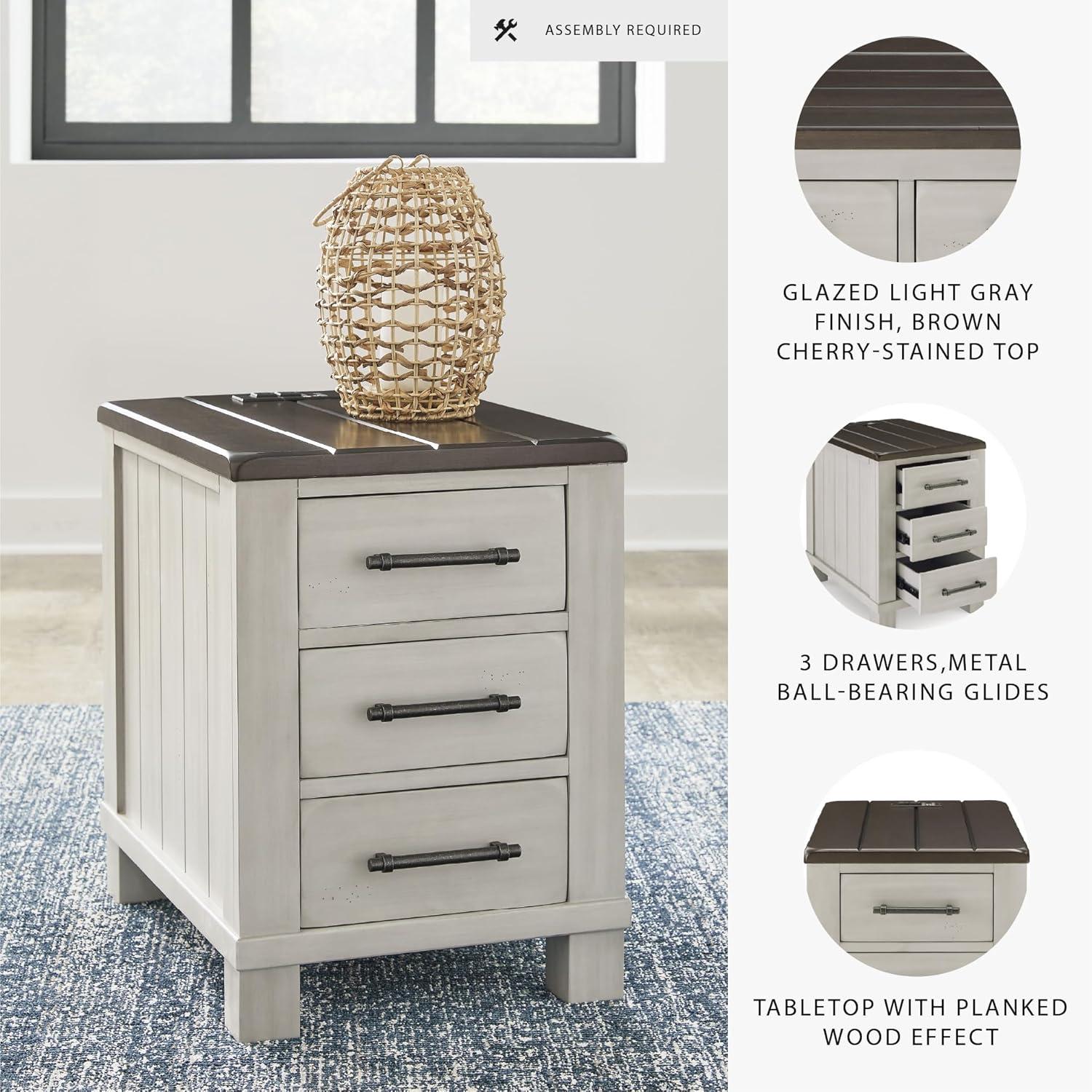 imageSignature Design by Ashley Darborn Farmhouse Chairside End Table with 3 Drawers Power Supply and USB Ports Light Gray ampamp Dark Brown